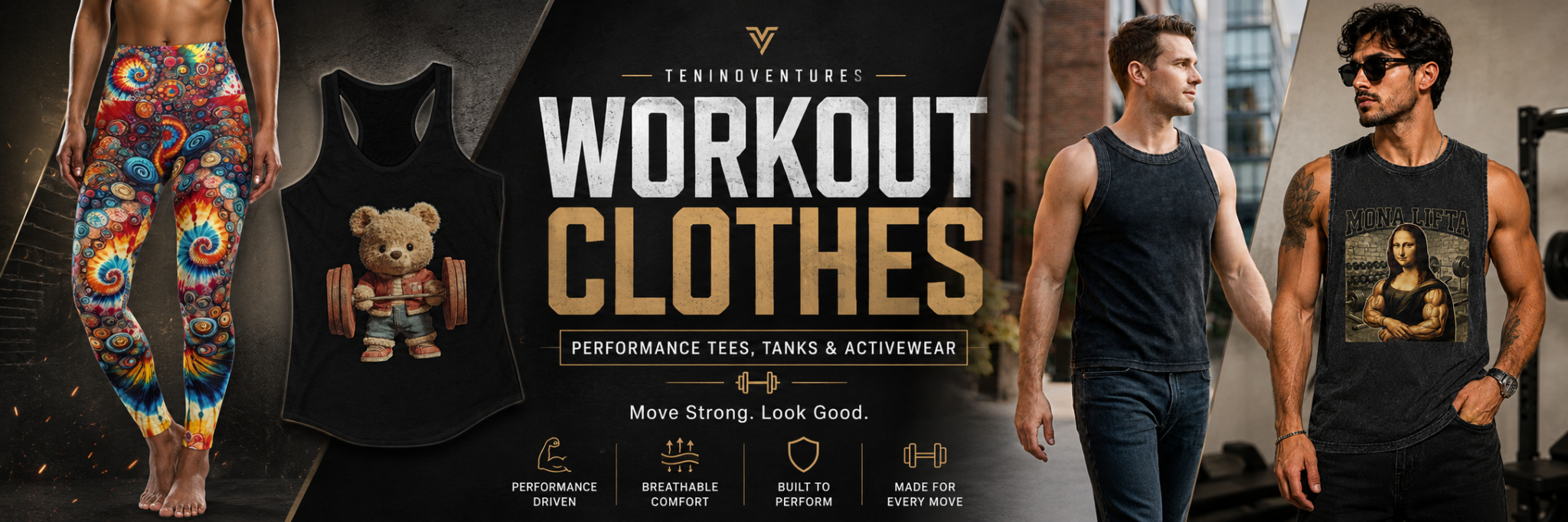 Athletic workout clothes including moisture-wicking tees and performance tanks for gym and yoga