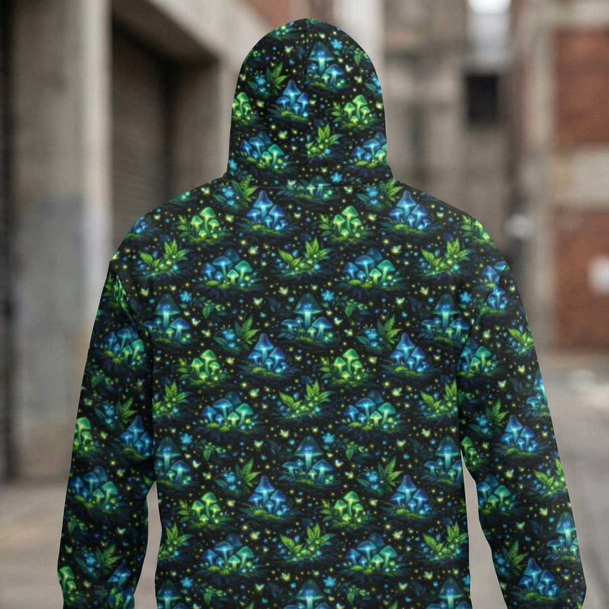 Bioluminescent Forest Hoodie featuring glowing mushrooms and fireflies on black background