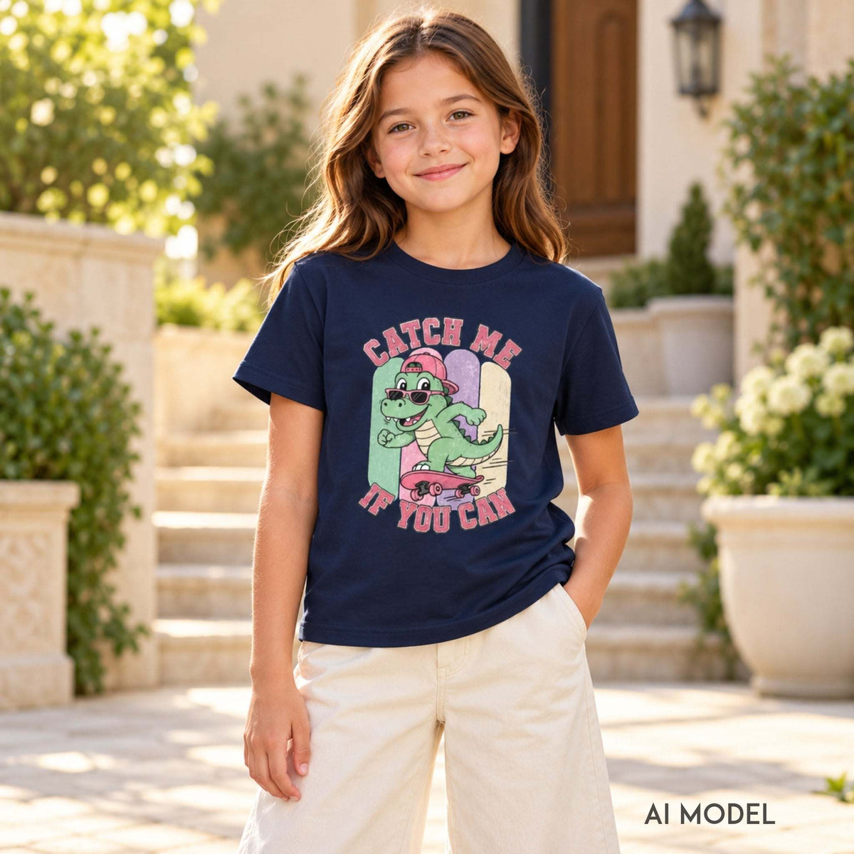 Girl wearing a navy “Catch Me If You Can” dinosaur graphic T-shirt with cream trousers beside sunlit stone steps and greenery.