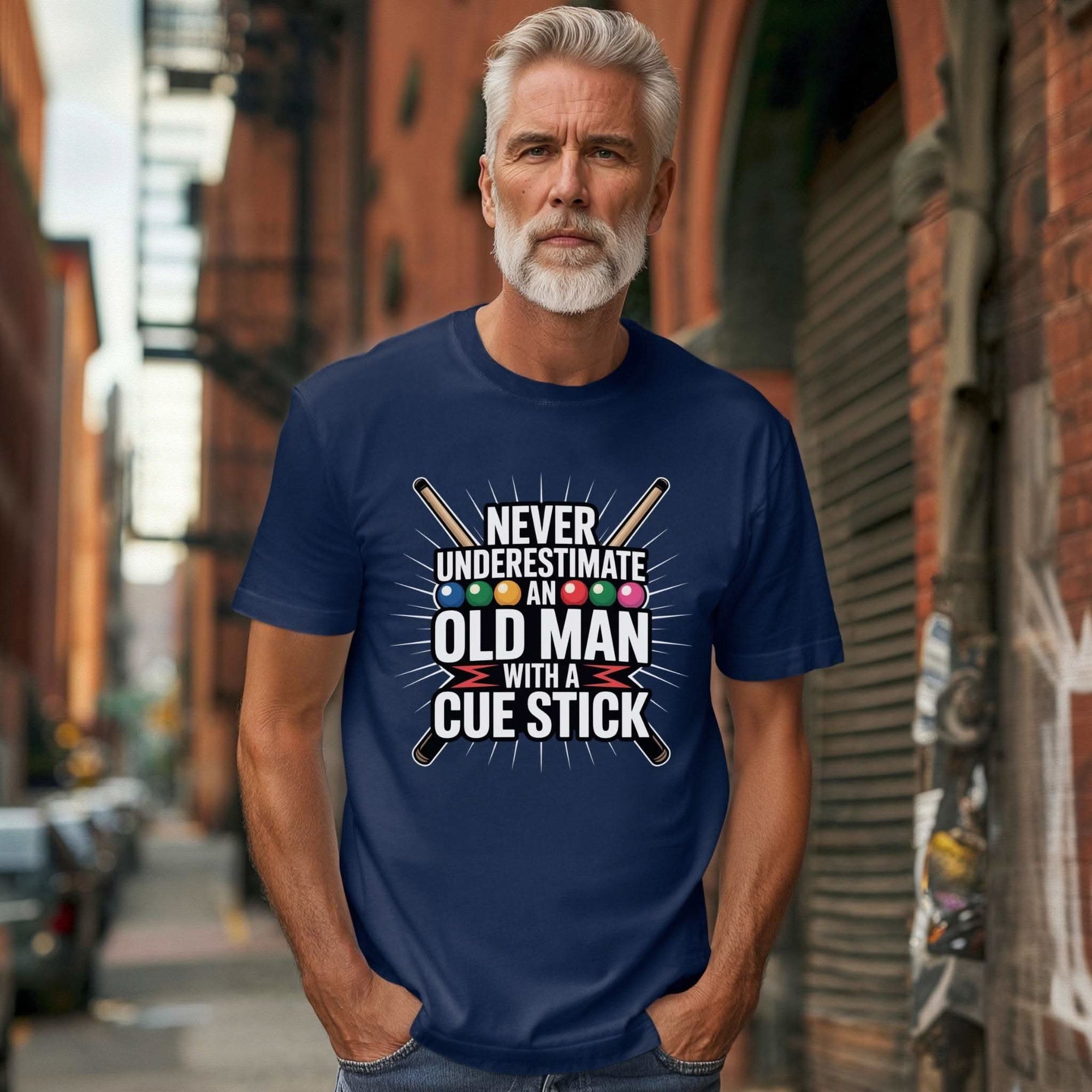 Never Underestimate An Old Man T-shirt with pool cue design and relaxed fit
