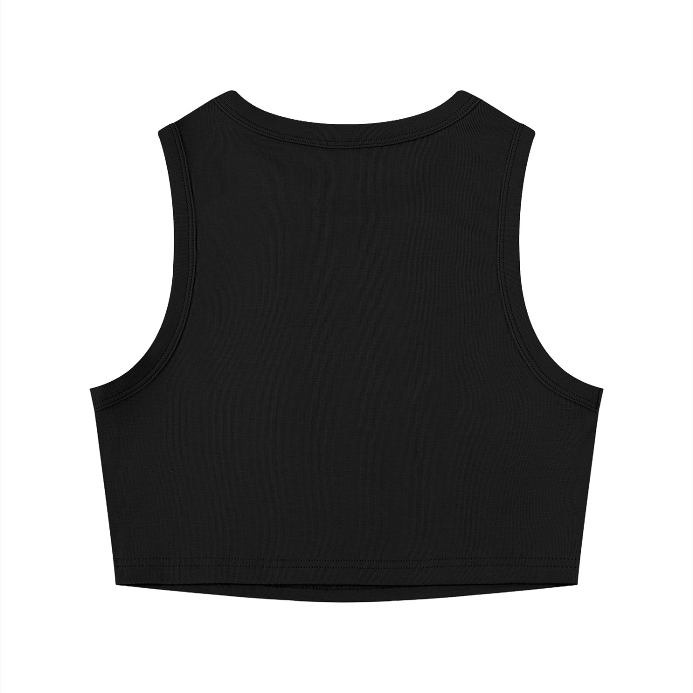 Woman wearing a tight crewneck crop tank top in ribbed fabric, sleeveless bodycon style