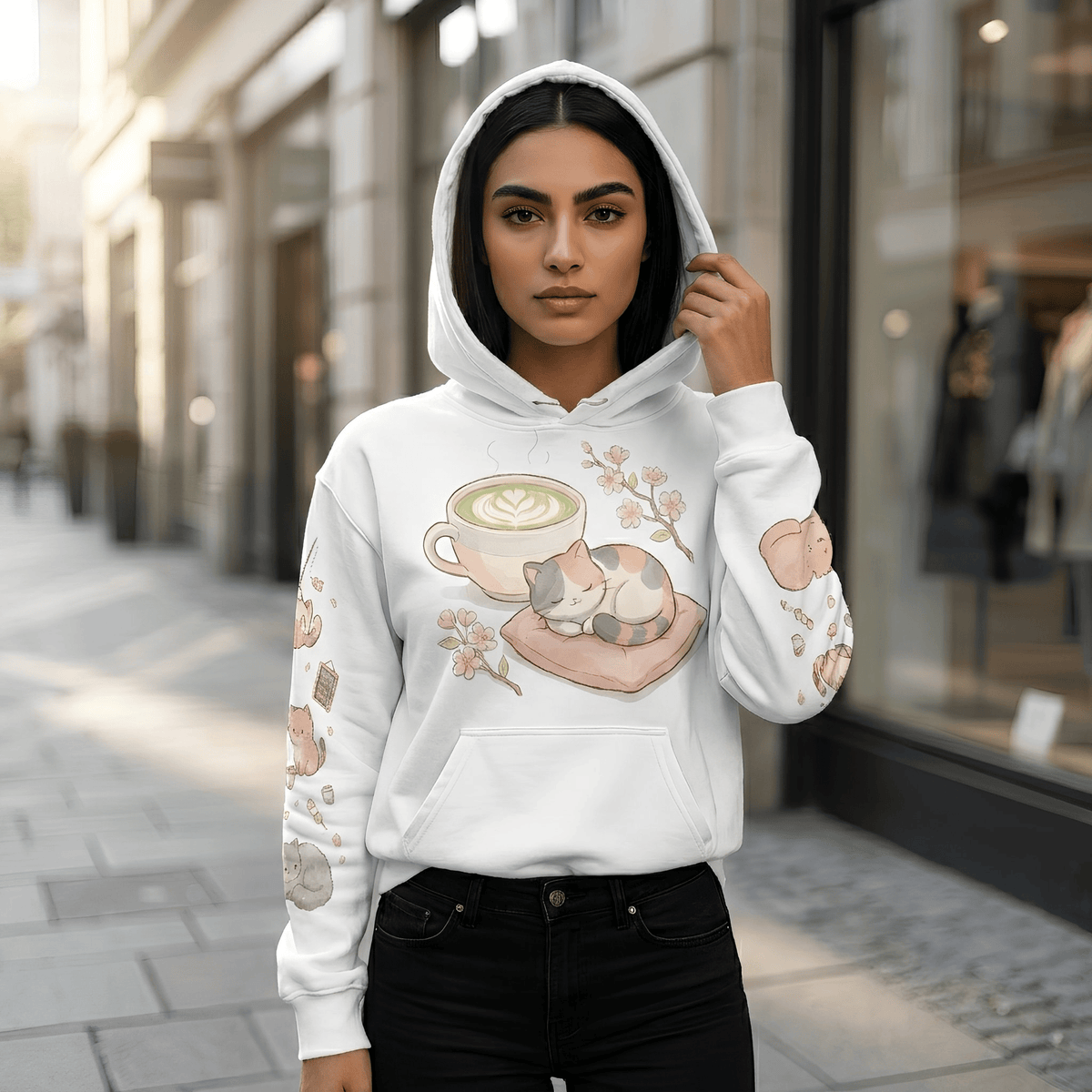 Unisex Anime Cat AOP Hoodie with all-over kawaii anime cat café print on soft cotton blend fabric