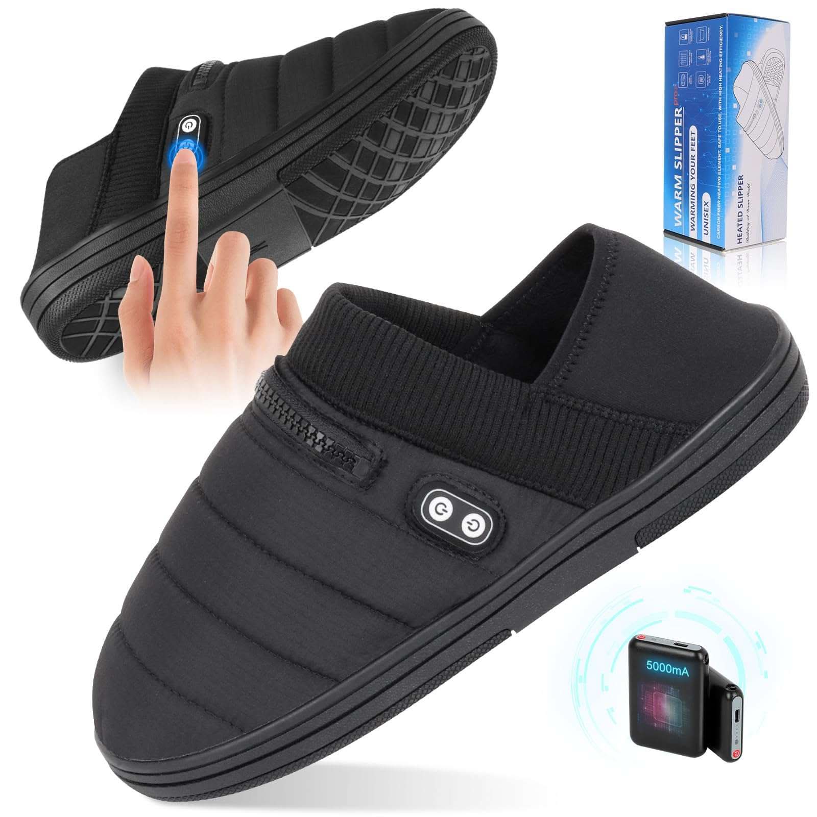 Cordless Heated Comfort Slippers with carbon fiber heating, memory foam, and waterproof sole for indoor and outdoor warmth