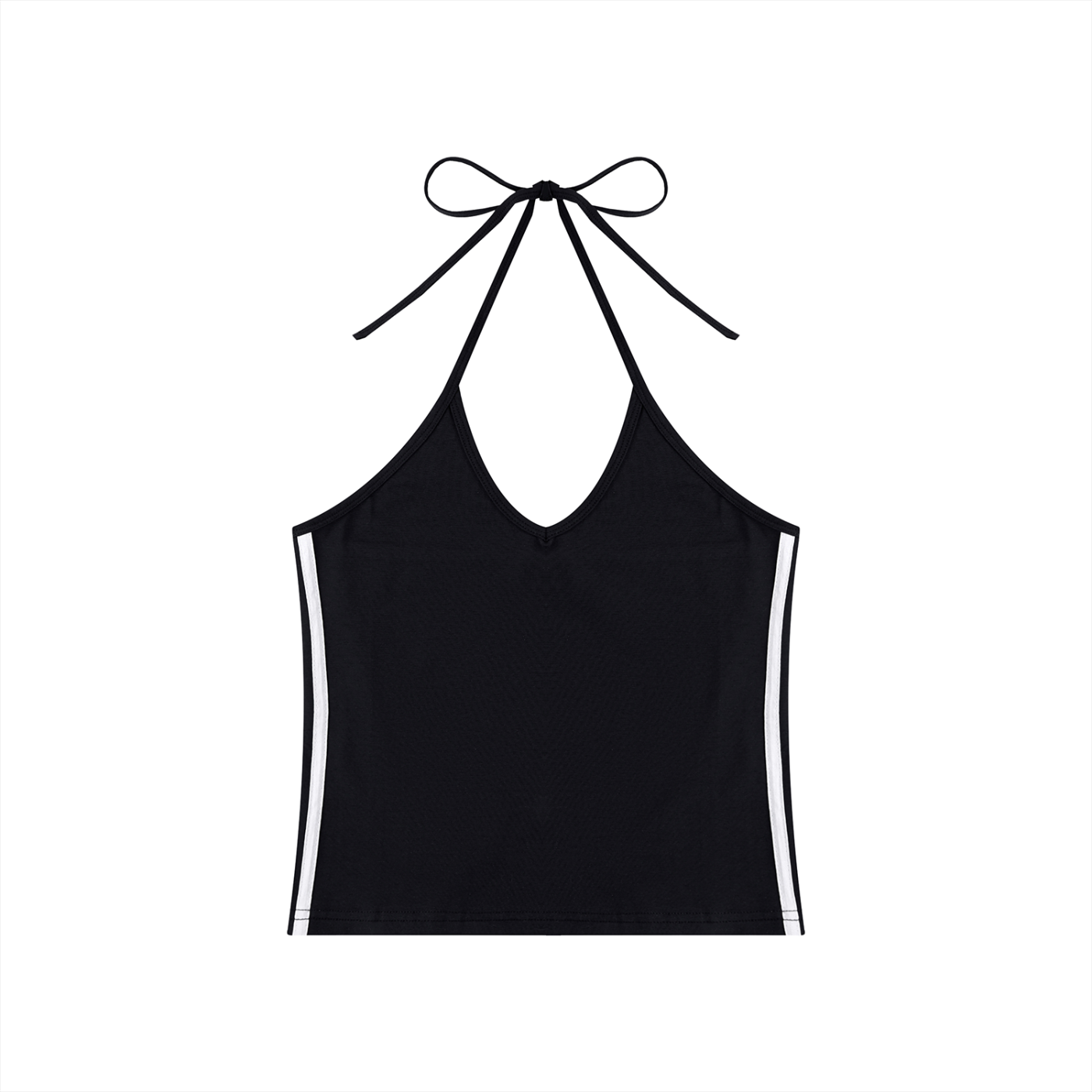 Women’s slim-fit color block halter crop tank top with V-neck and backless tie in cotton-spandex blend