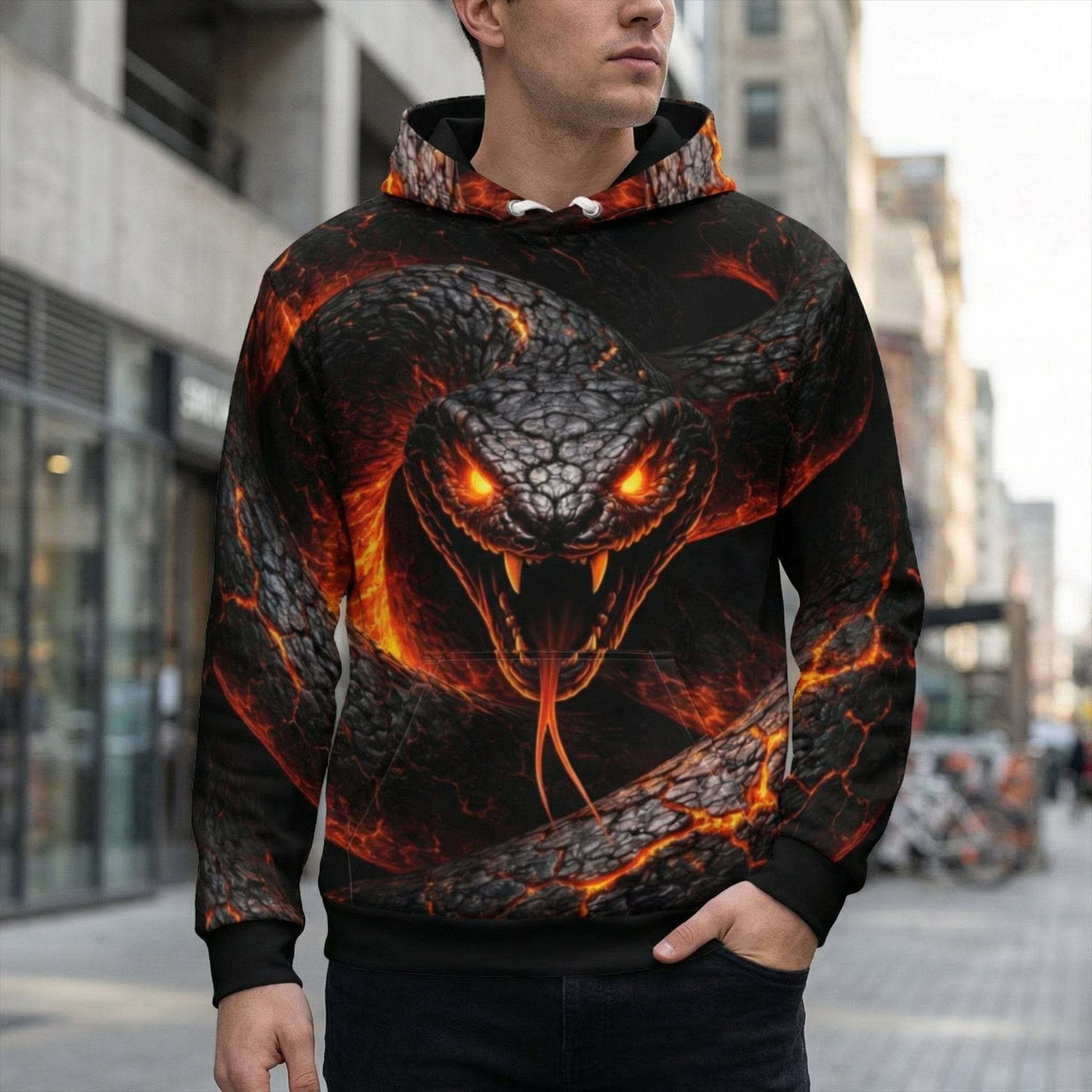 Lava Dragon Hoodie featuring volcanic serpent design in fiery red, orange, and black all-over print