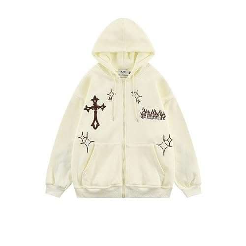 FlameCross Y2K oversized hoodie with gothic punk flame and cross print, full zip, and drawstring pockets