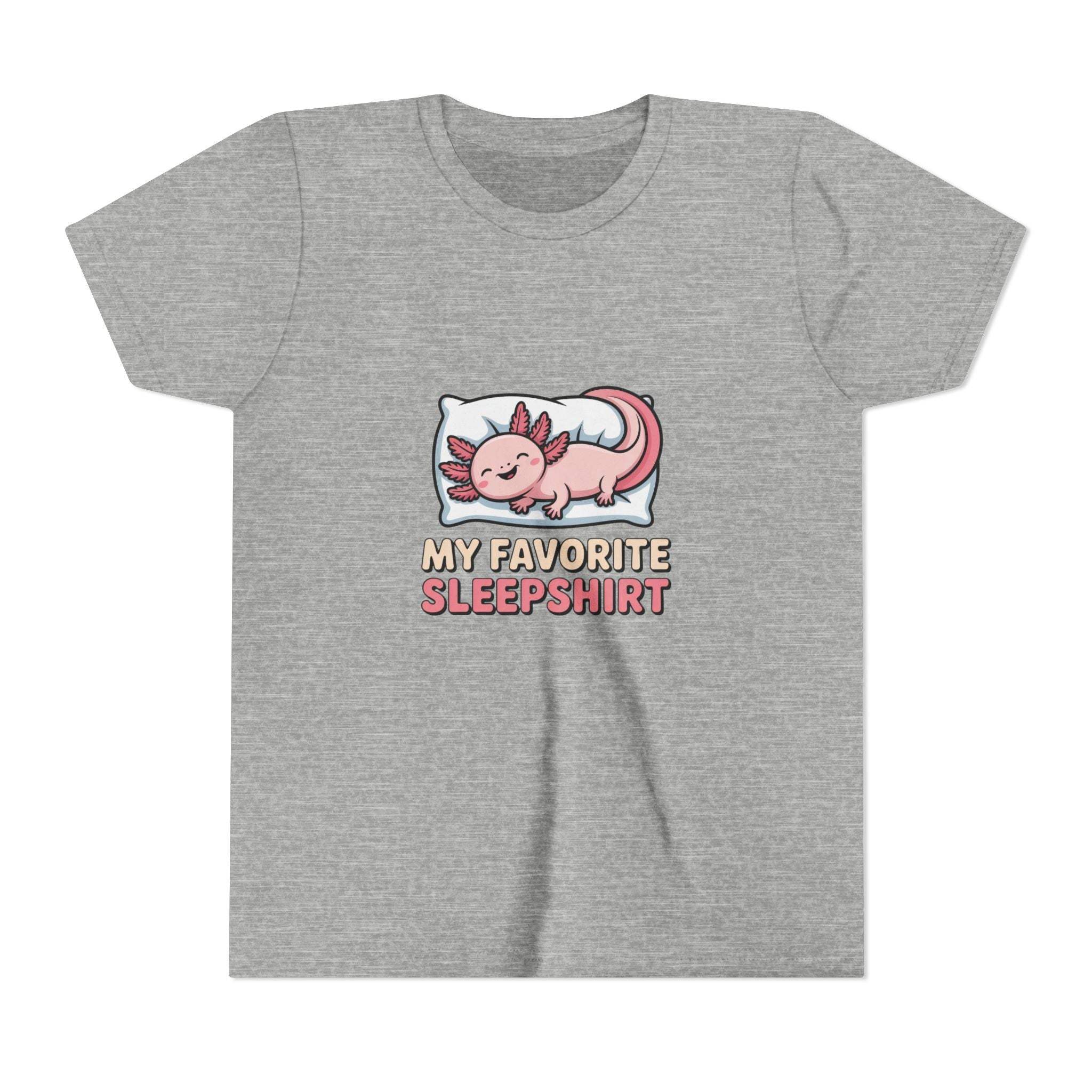 Gray youth t-shirt with a sleepy axolotl graphic and "My Favorite Sleepshirt" text, made of soft cotton for kids.