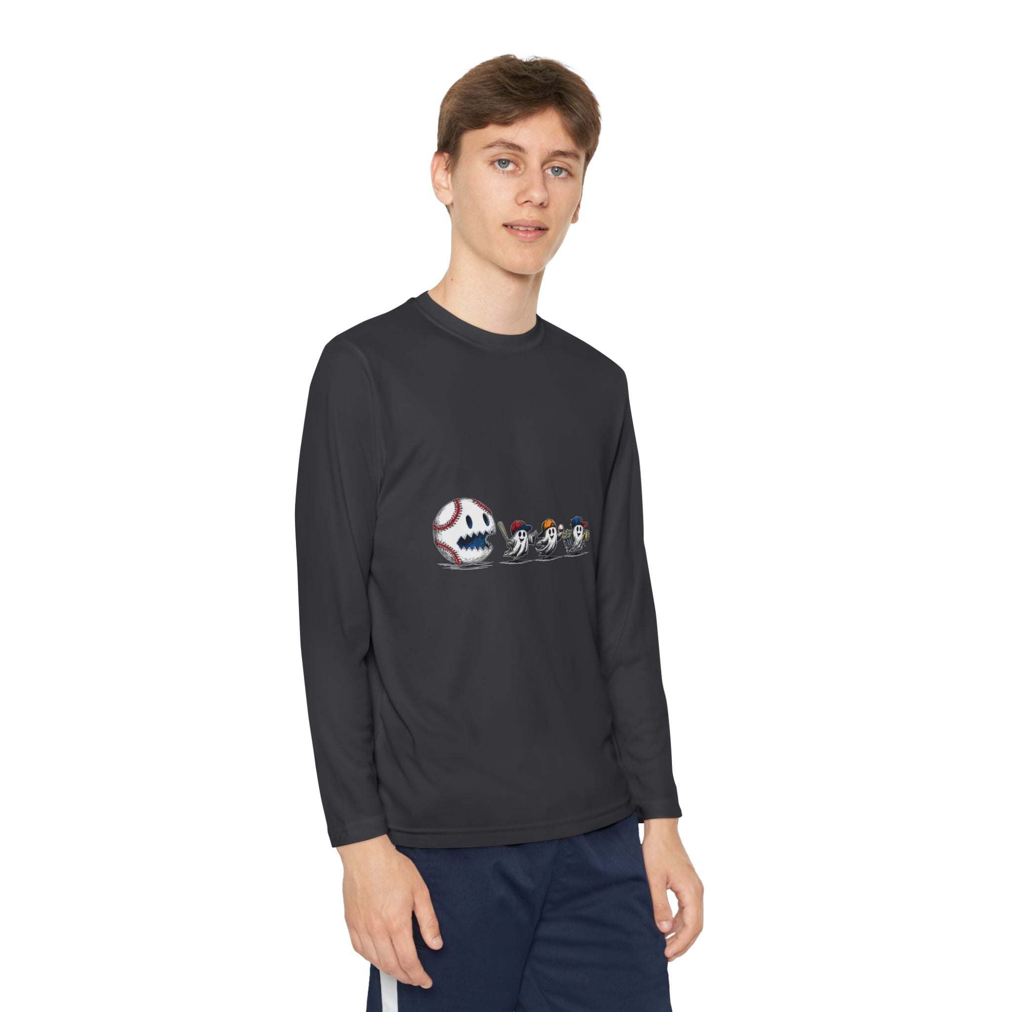 Youth Tee long sleeve shirt with baseball eating Halloween ghosts graphic design