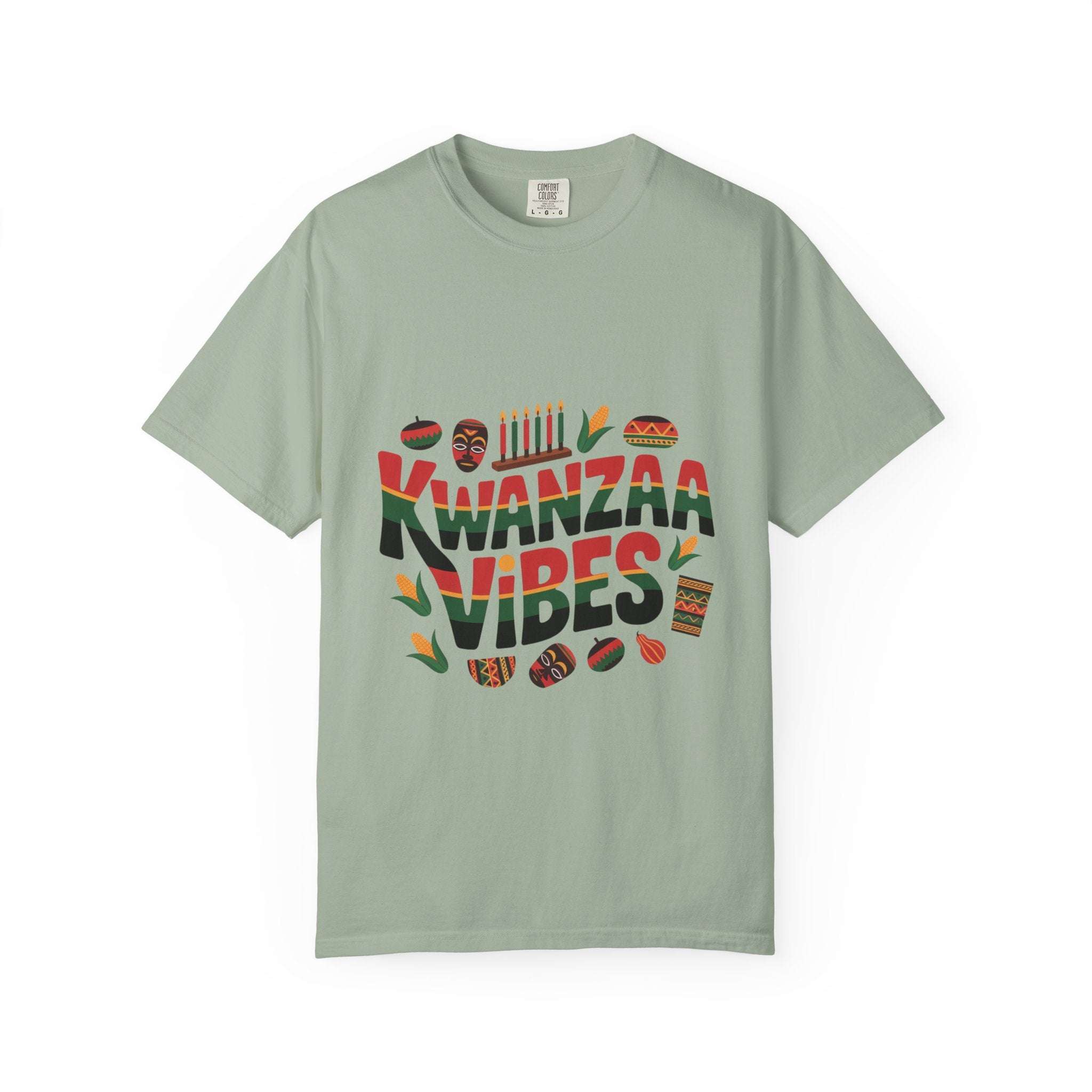Garment-dyed white t-shirt with 'Kwanzaa Vibes' design by Printify.
