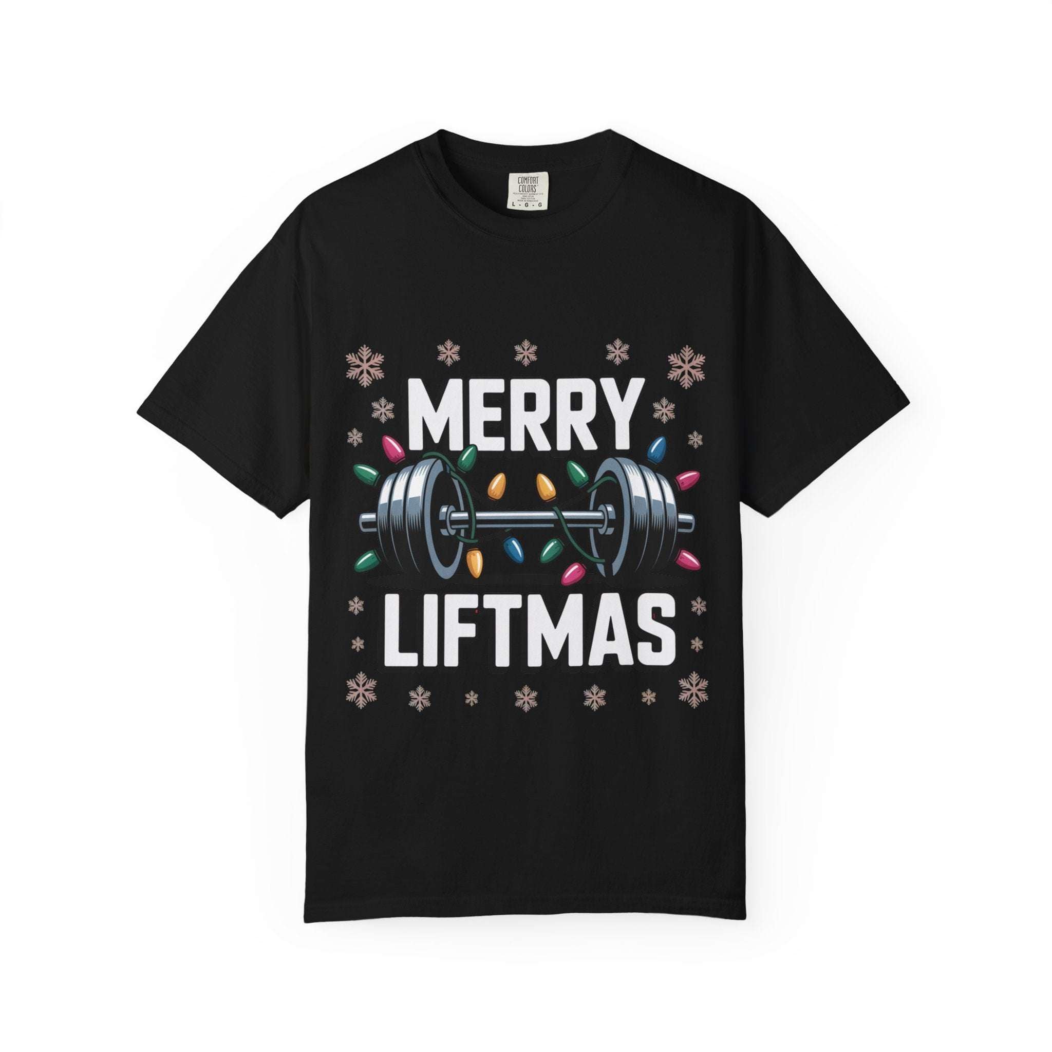 Black Christmas workout t-shirt with Merry Liftmas barbell design and colorful holiday lights