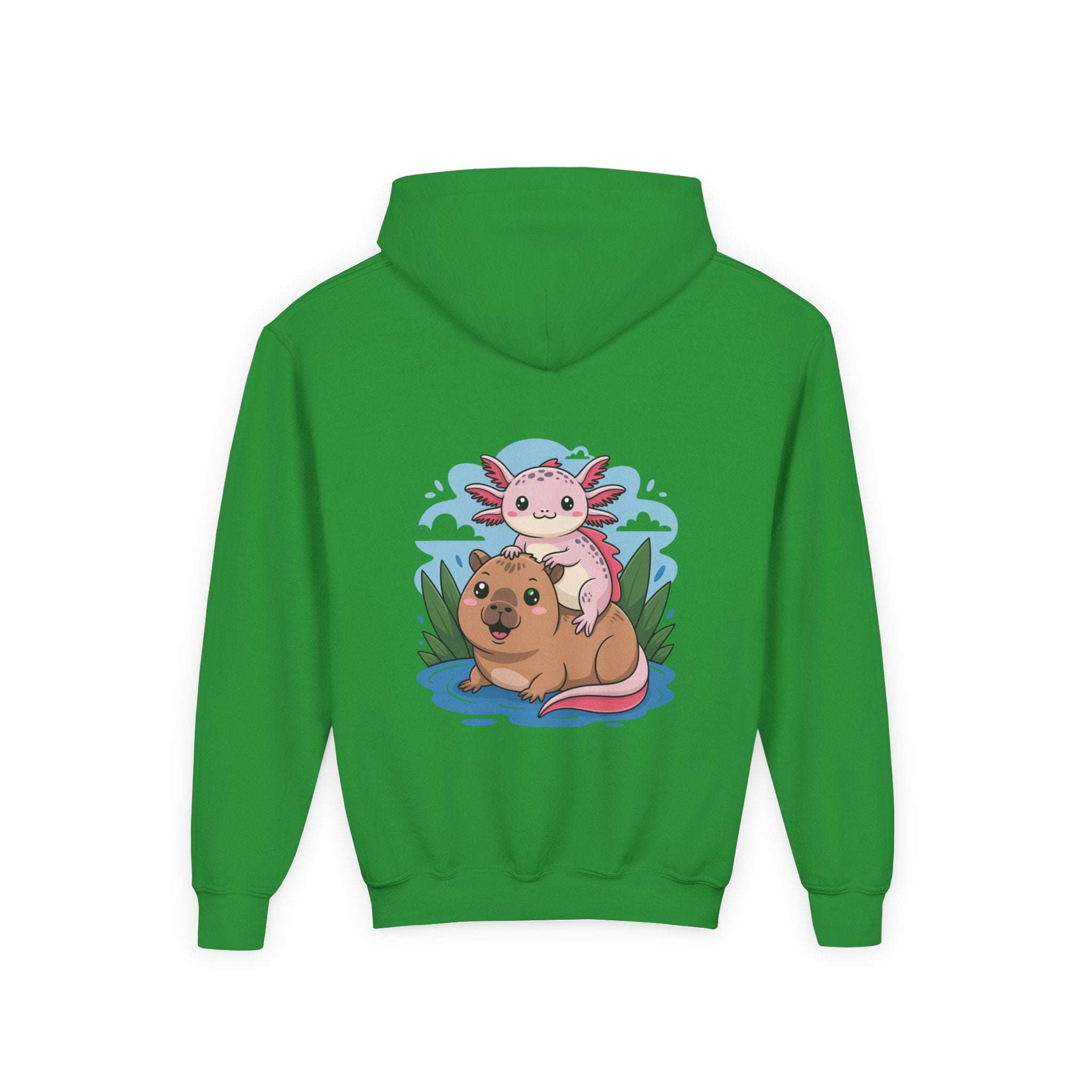 Youth hoodie featuring playful axolotl and capybara design in soft cotton-poly blend sweatshirt