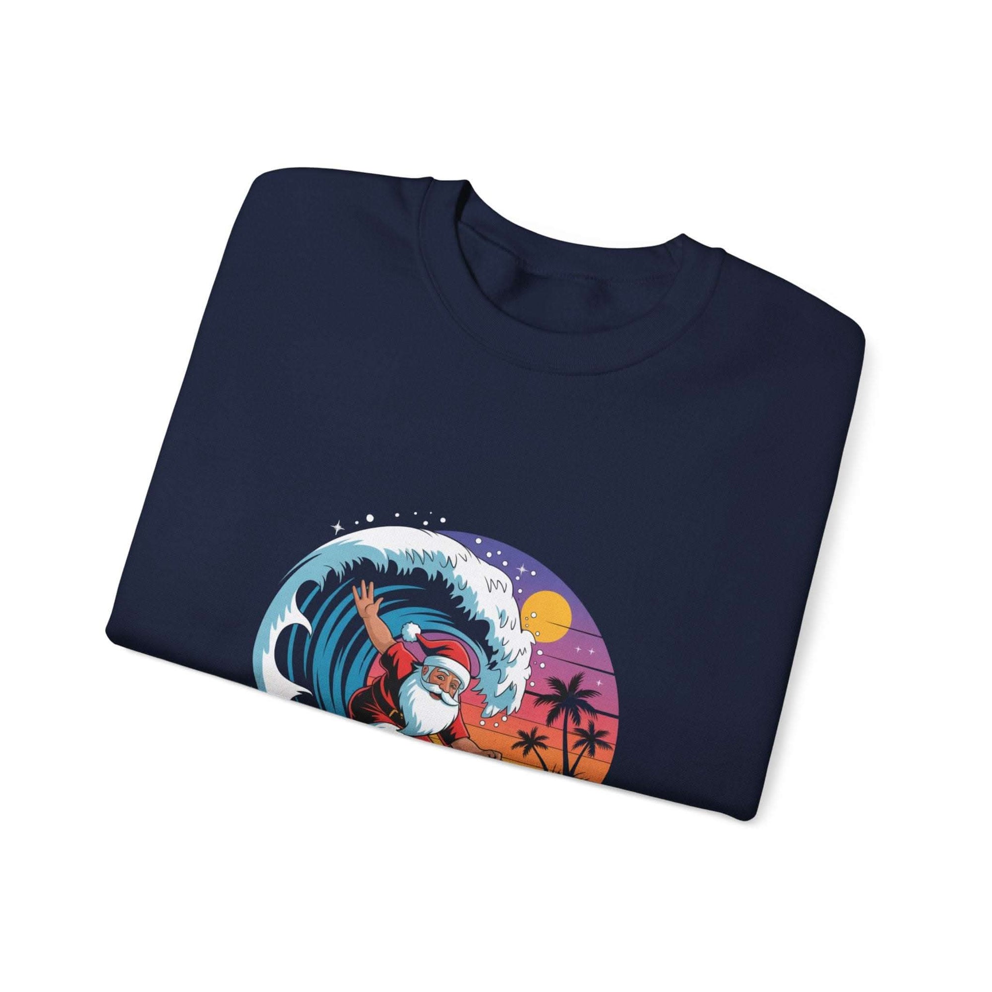 Navy Santa sweatshirt featuring a surfing design, perfect for holiday beachwear by Printify.