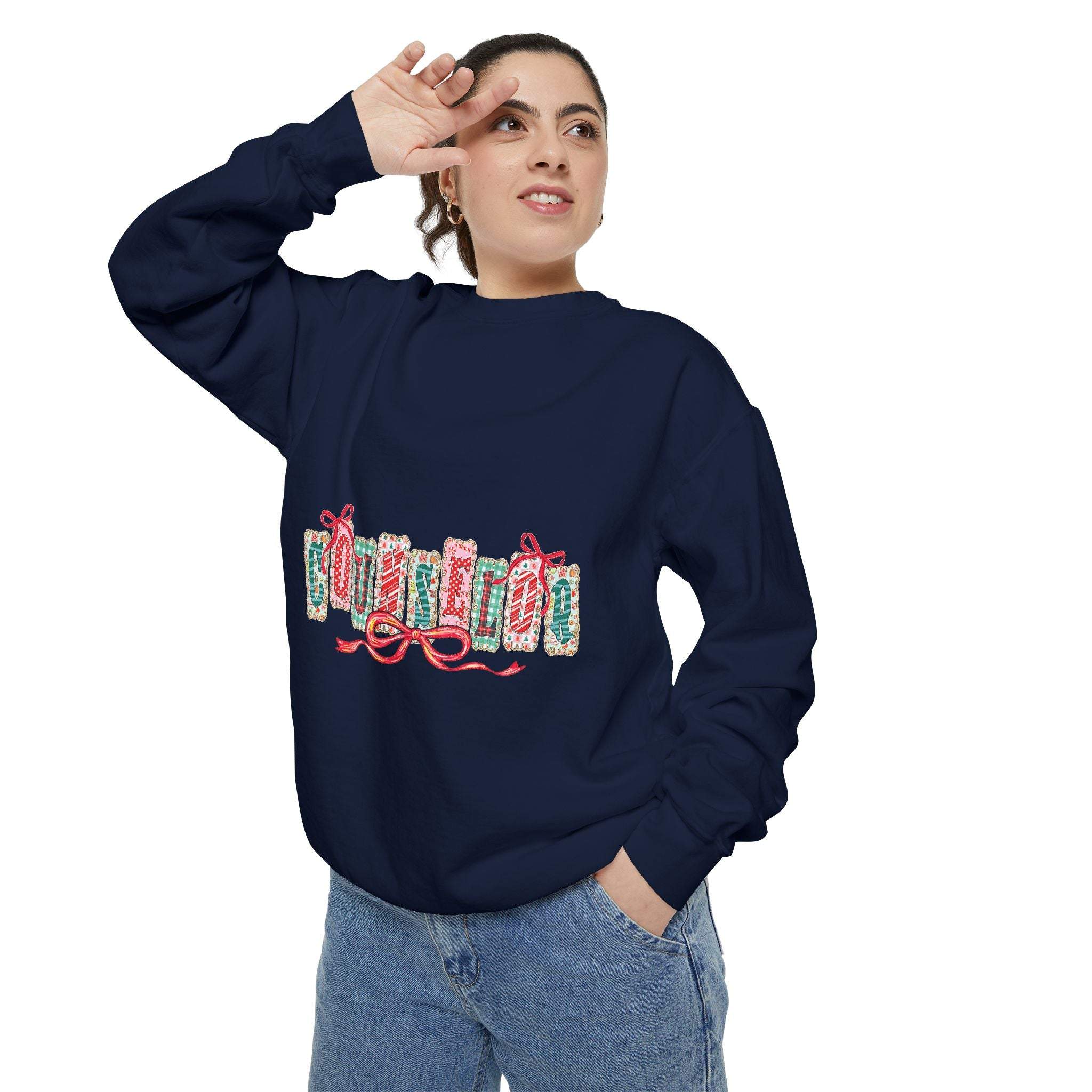 Garment-dyed True Navy sweatshirt with festive Christmas design, perfect for holiday gifting, by Printify