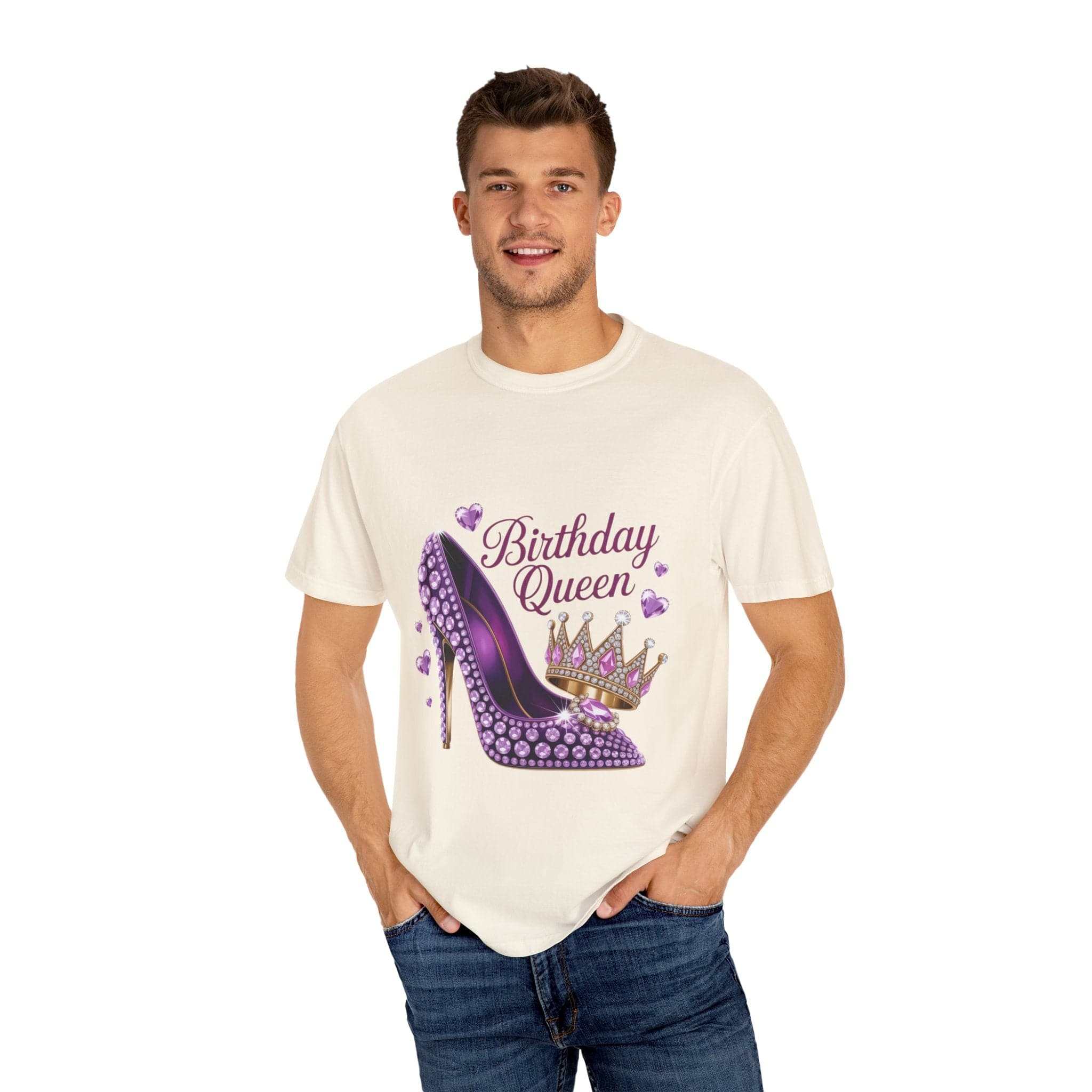 Black high heel birthday queen t-shirt by Printify, cotton fabric, stylish graphic design