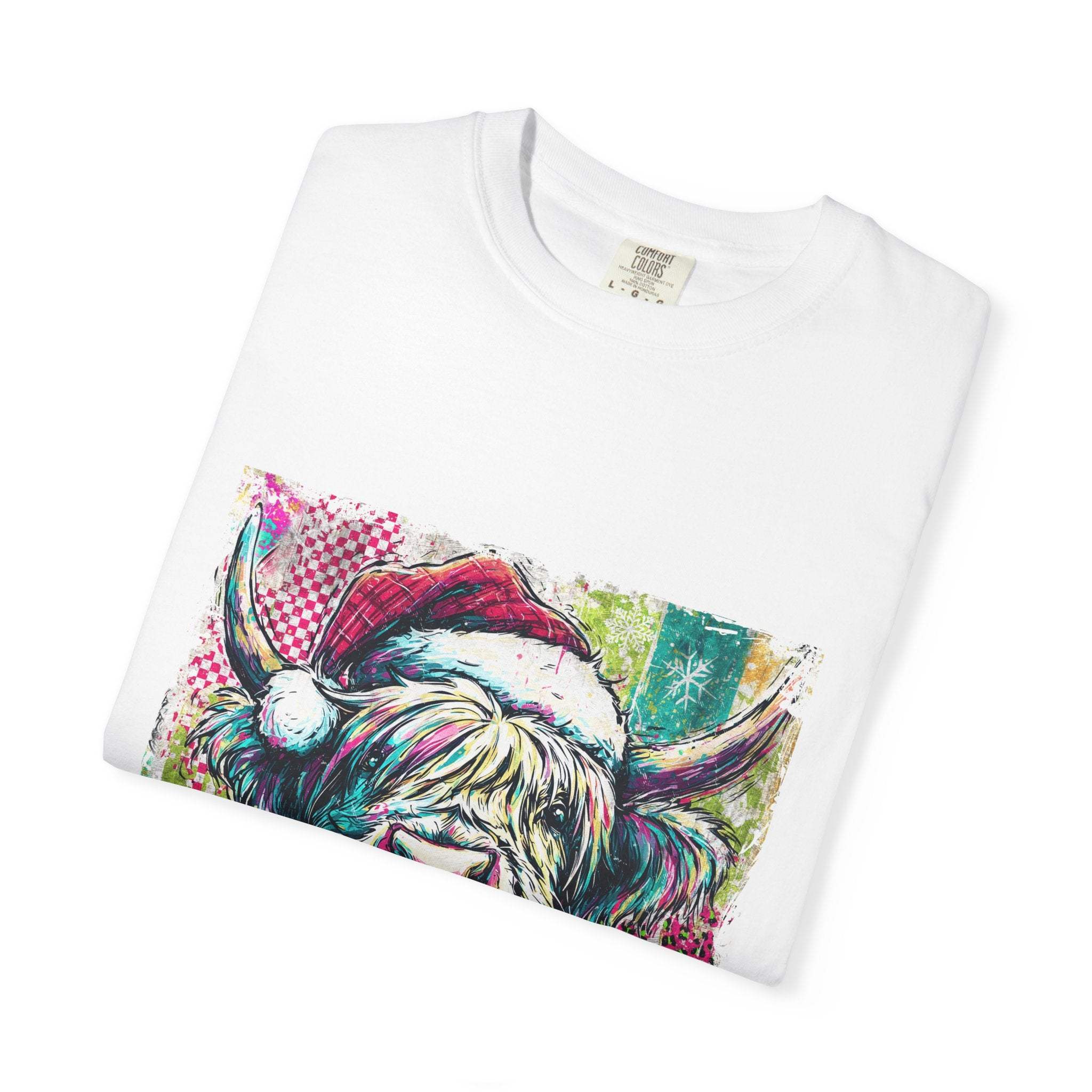 Retro Santa Highland Cow graphic on green cotton T-shirt