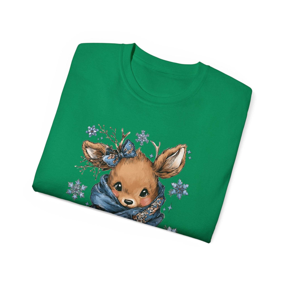 Green Retro Patchwork Reindeer T-shirt with cute reindeer graphic and winter scarf design