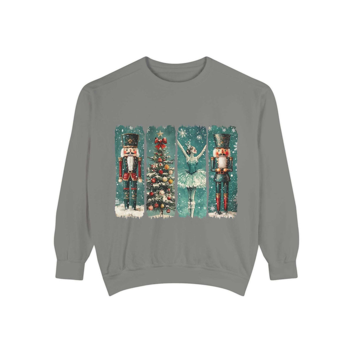 Vintage Christmas Nutcracker sweatshirt with holiday nutcracker and ballet design in watercolor style on gray fabric