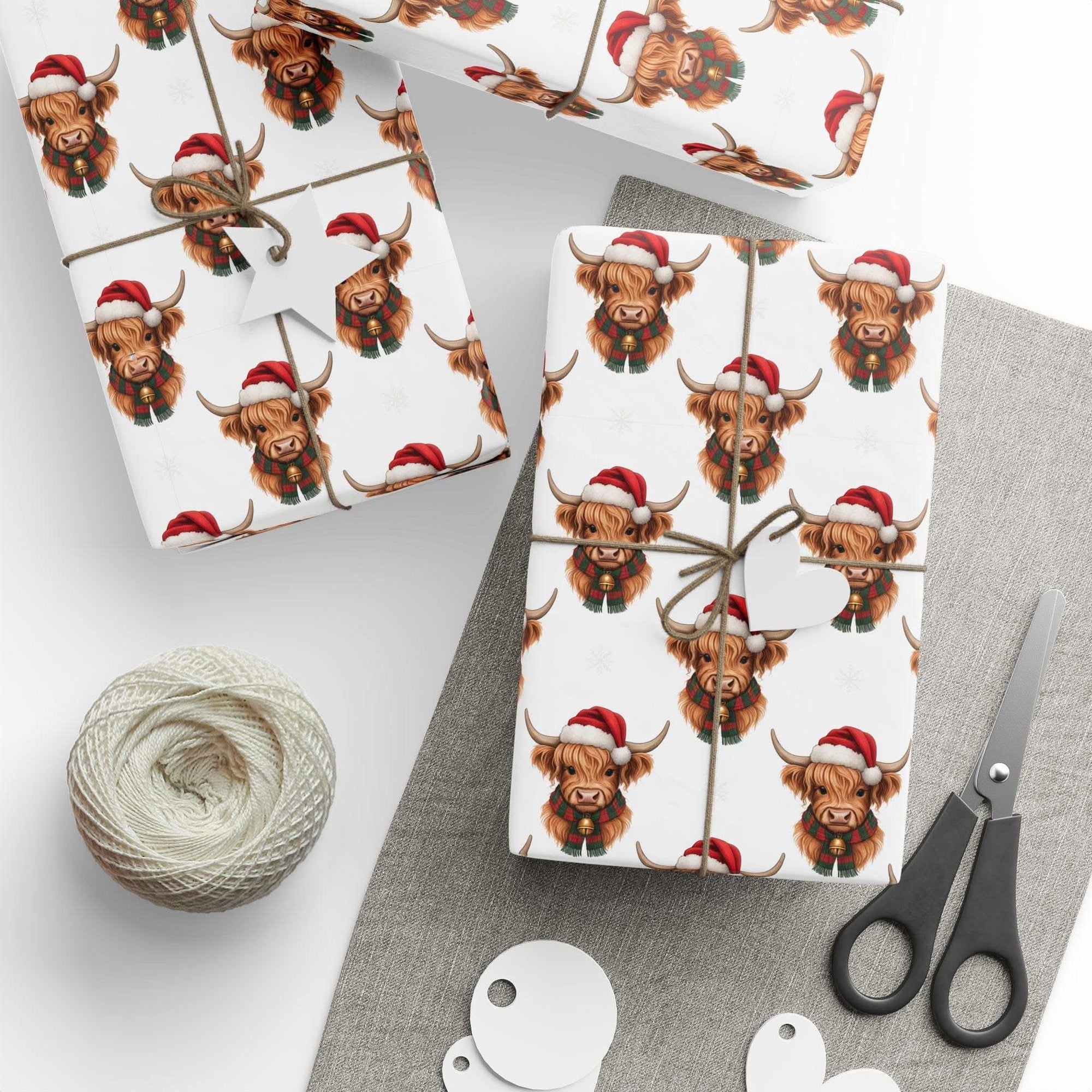 Gift wrapping papers with festive Santa Highland cows design on durable material