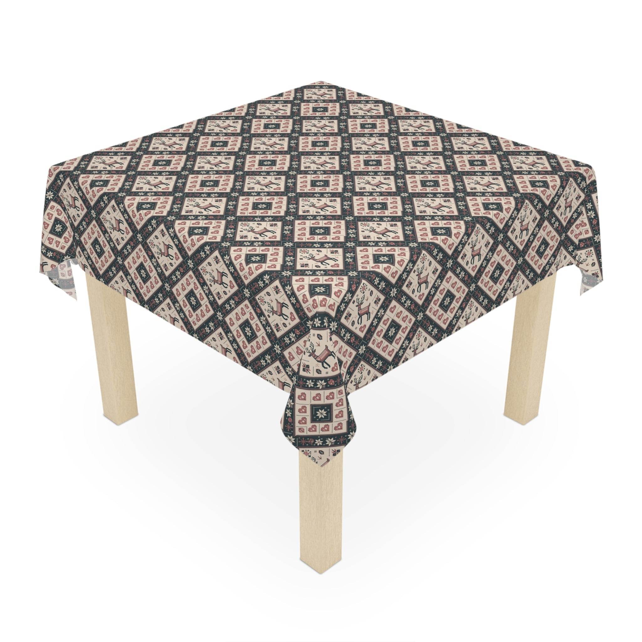 Winter Nordic Scandinavian tablecloth with geometric pattern on wooden table
