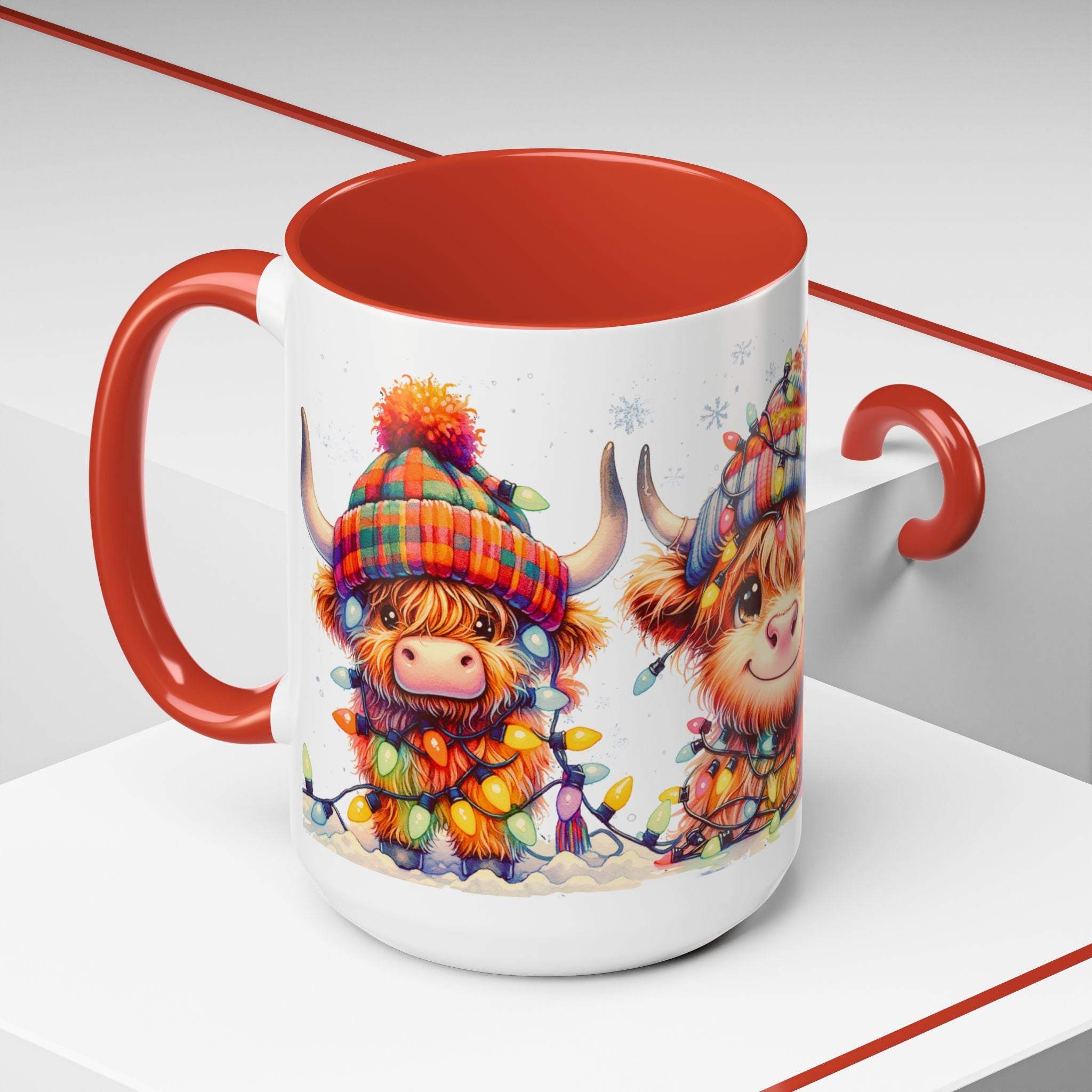 Christmas mug featuring colorful Scottish Highland Cow illustration with holiday lights and winter hat