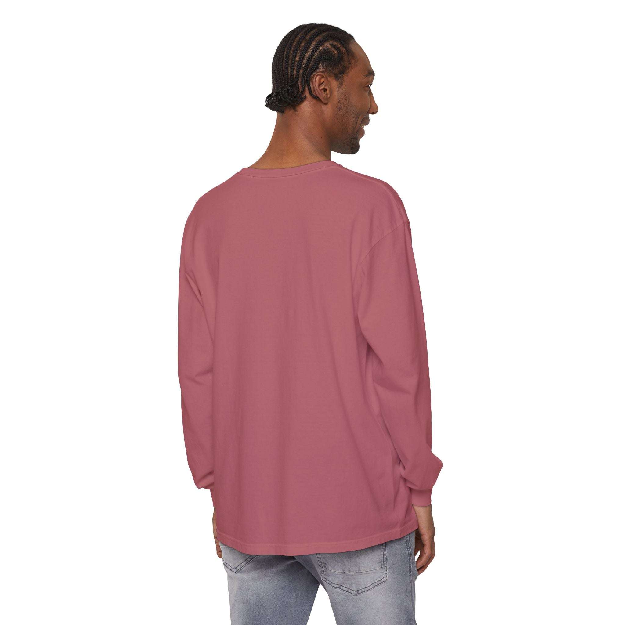 Back view of a man wearing a preppy pink long sleeve T-shirt made from soft 100% ring-spun cotton with ribbed cuffs and durable hems