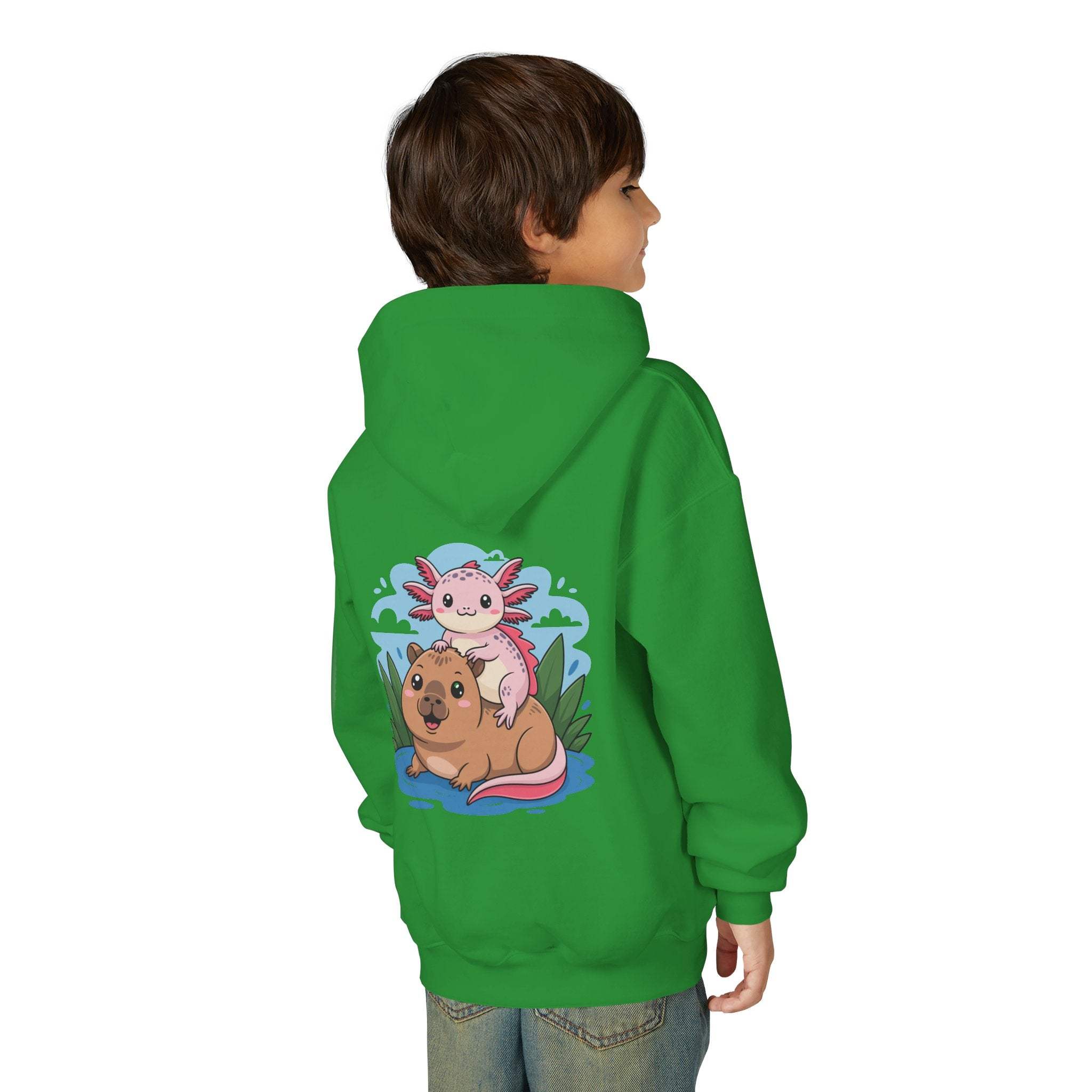 Youth hoodie with playful Axolotl and Capybara design in soft cotton-poly blend