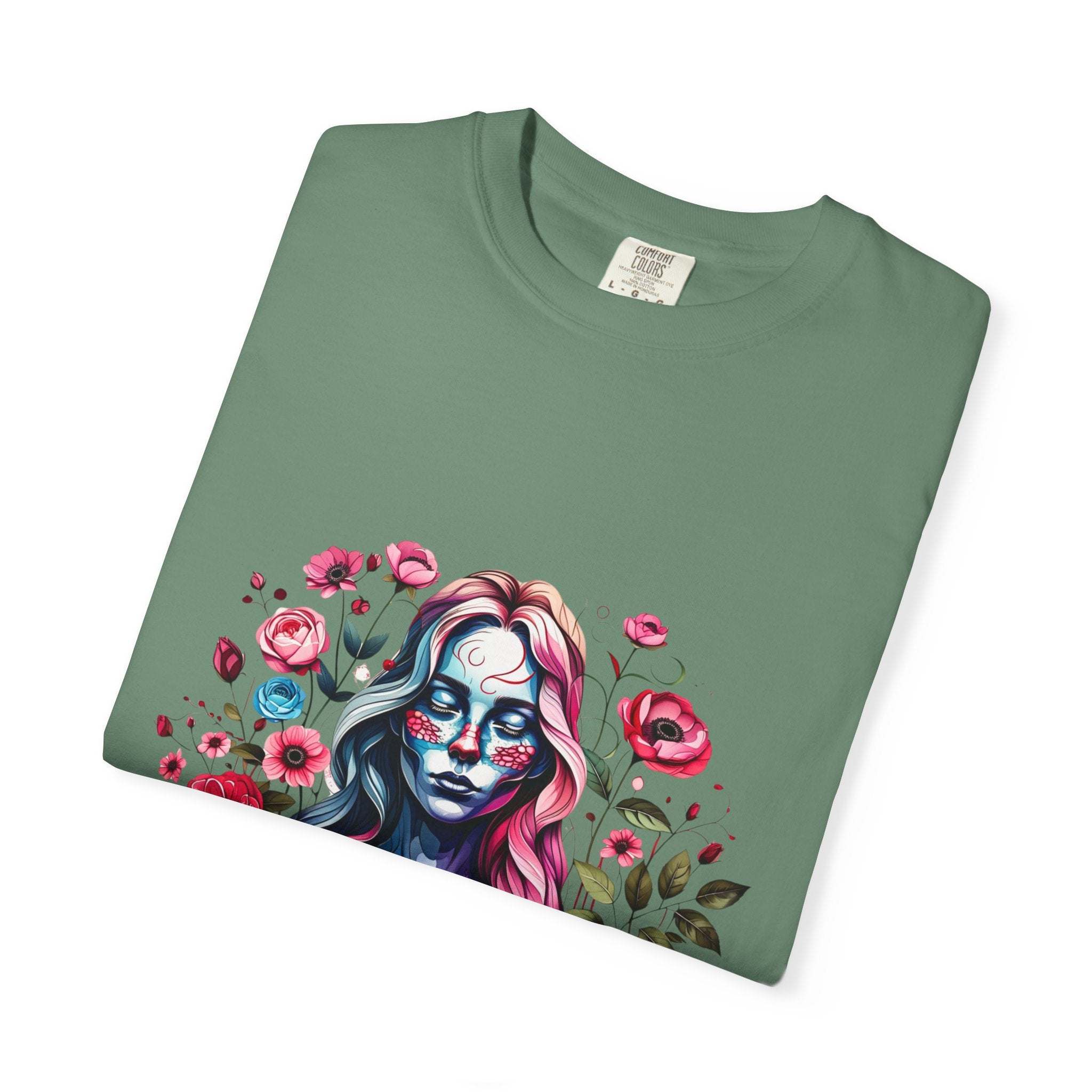 Green soft floral skeleton t-shirt with colorful lady skull and flower design, unisex relaxed fit
