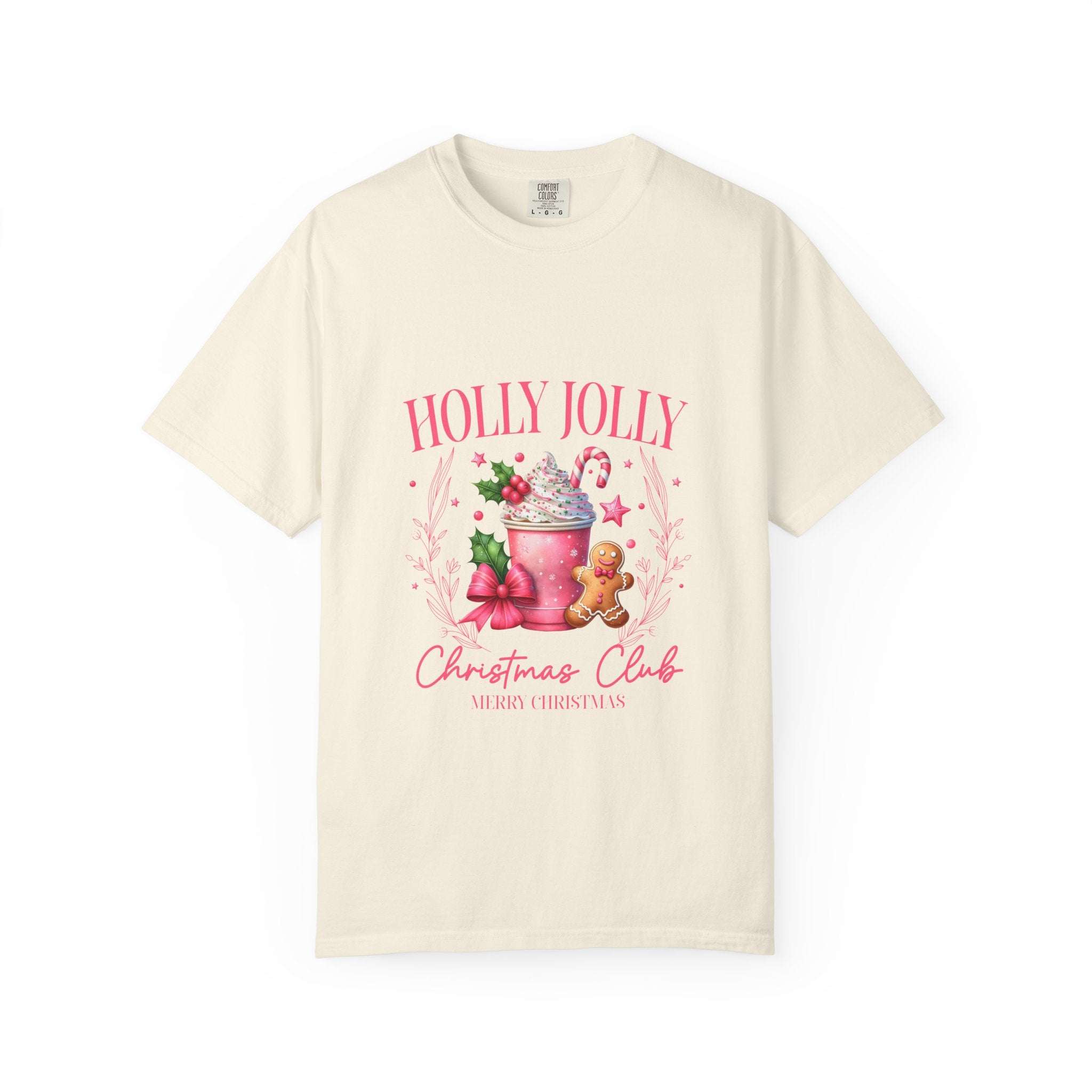 Unisex black Christmas t-shirt with 'Holly Jolly Christmas Club' design, garment-dyed, by Printify