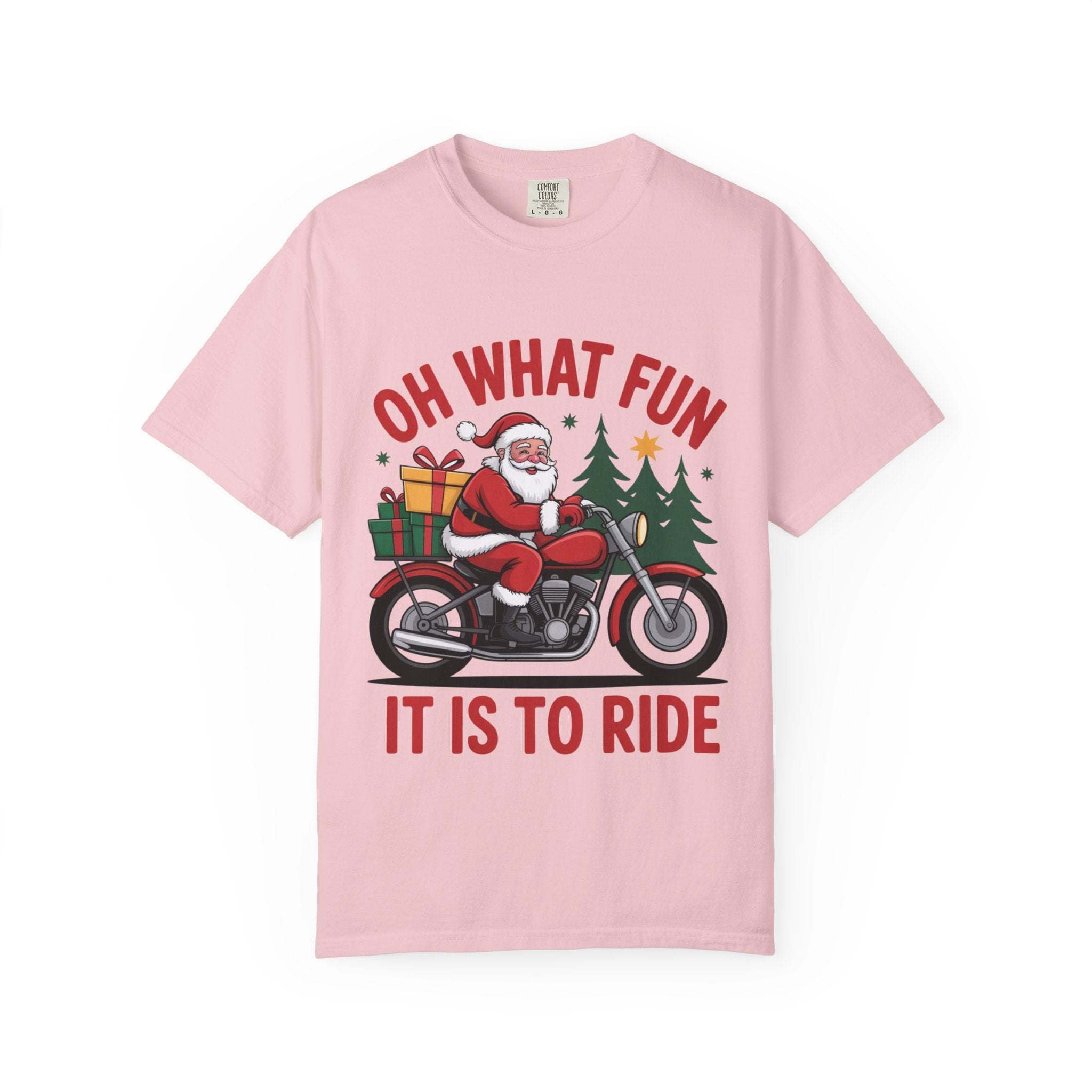Pink Santa On A Motorcycle T-shirt with festive design and Christmas gifts on bike