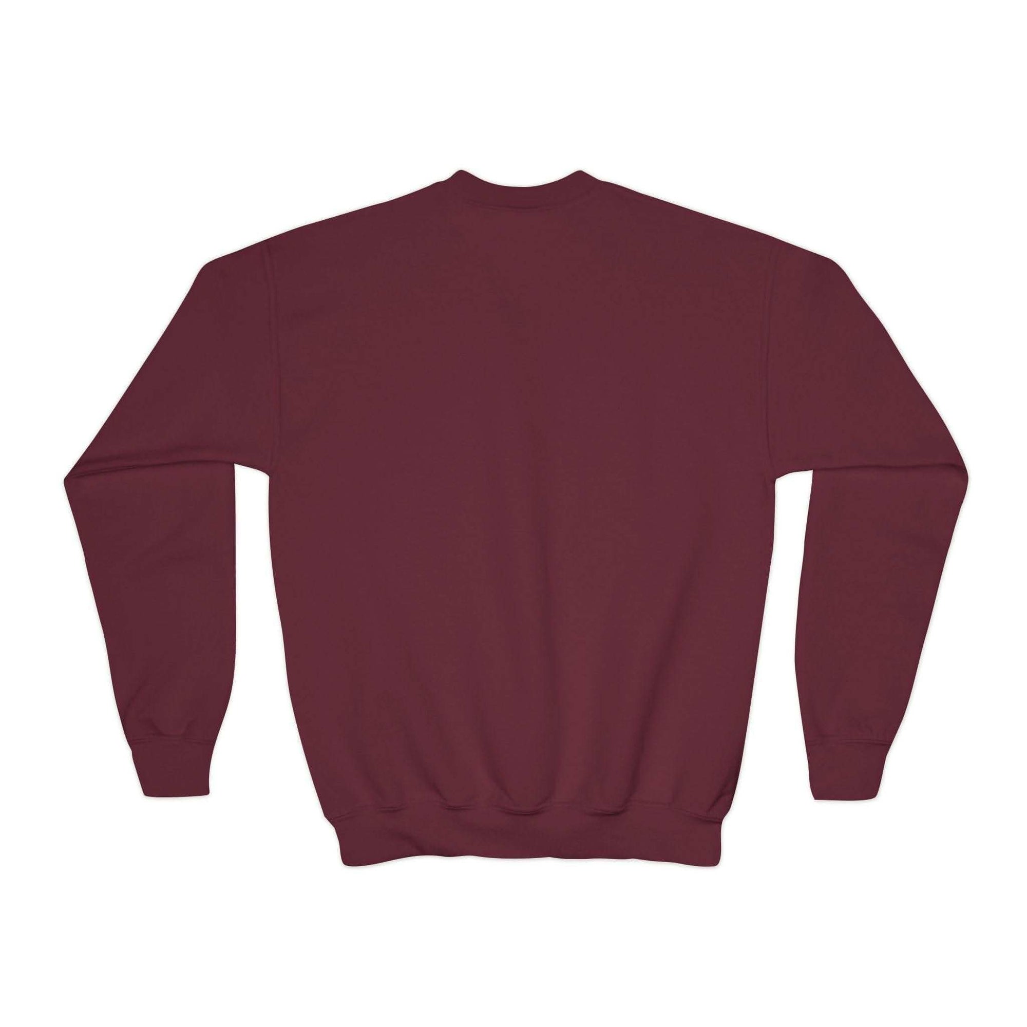 Moody Girl Highland Cow youth sweatshirt in maroon with ribbed knit collar and loose fit for comfort
