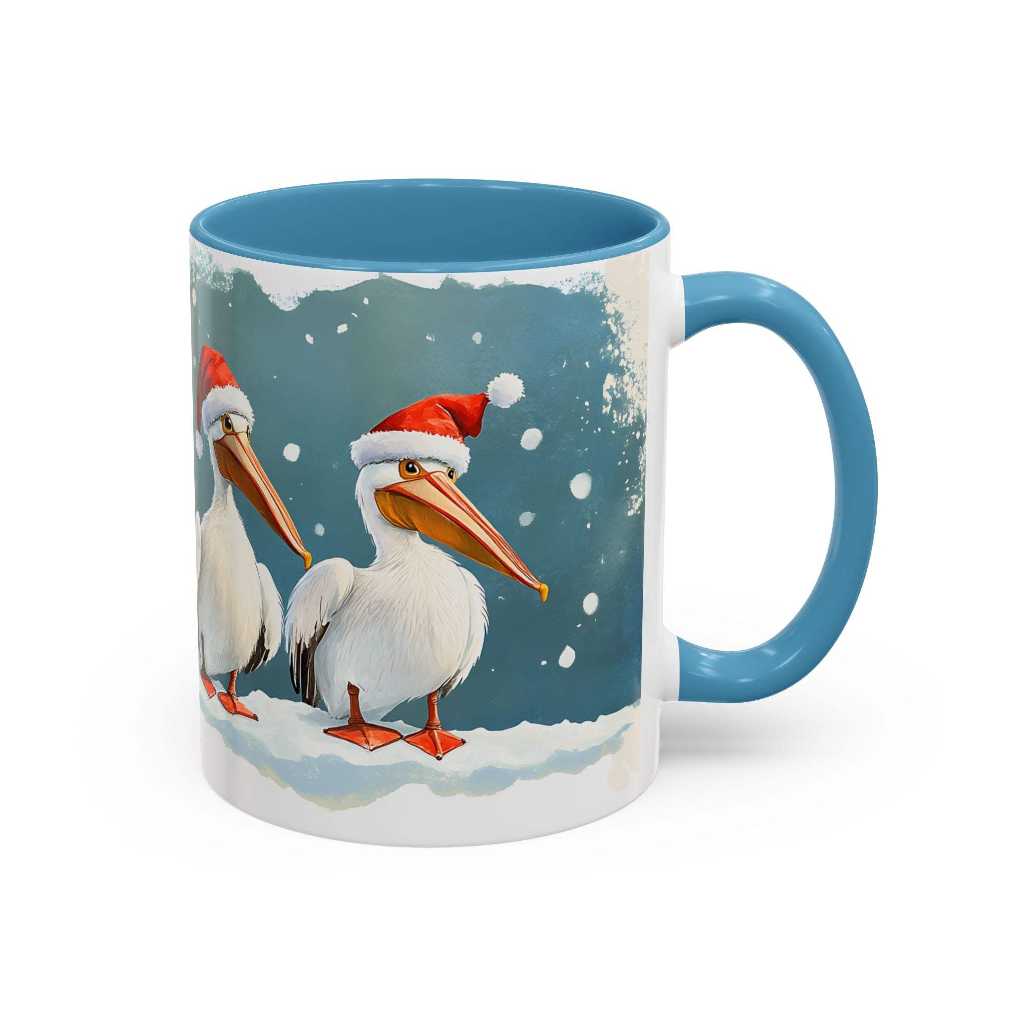 Mug with Christmas-themed design of pelicans wearing Santa hats on a snowy background.