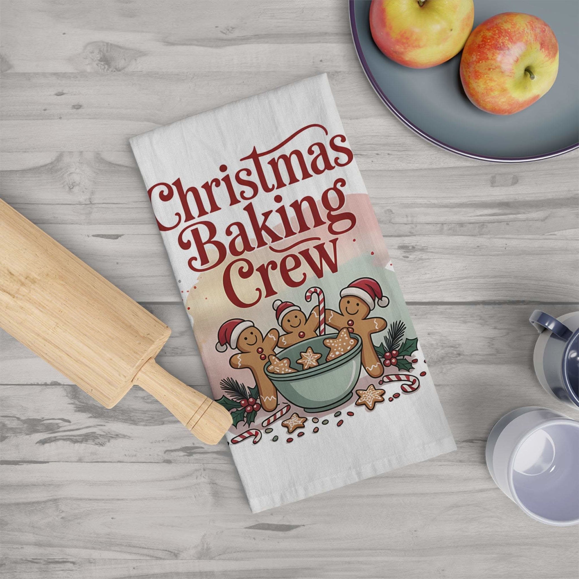Christmas Baking Crew tea towel with festive kitchen design for holiday baking