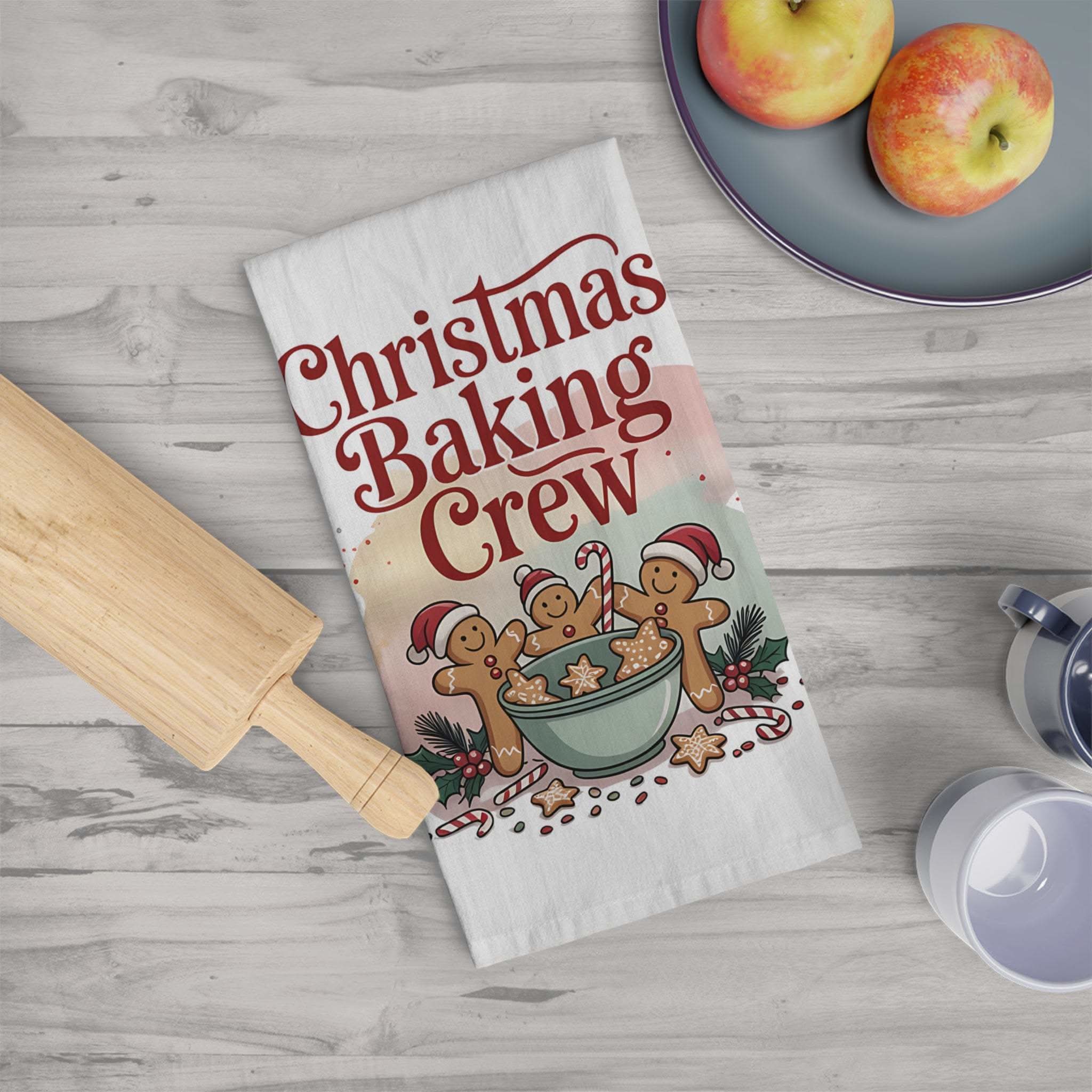 Christmas Baking Crew tea towel with festive kitchen design for holiday baking