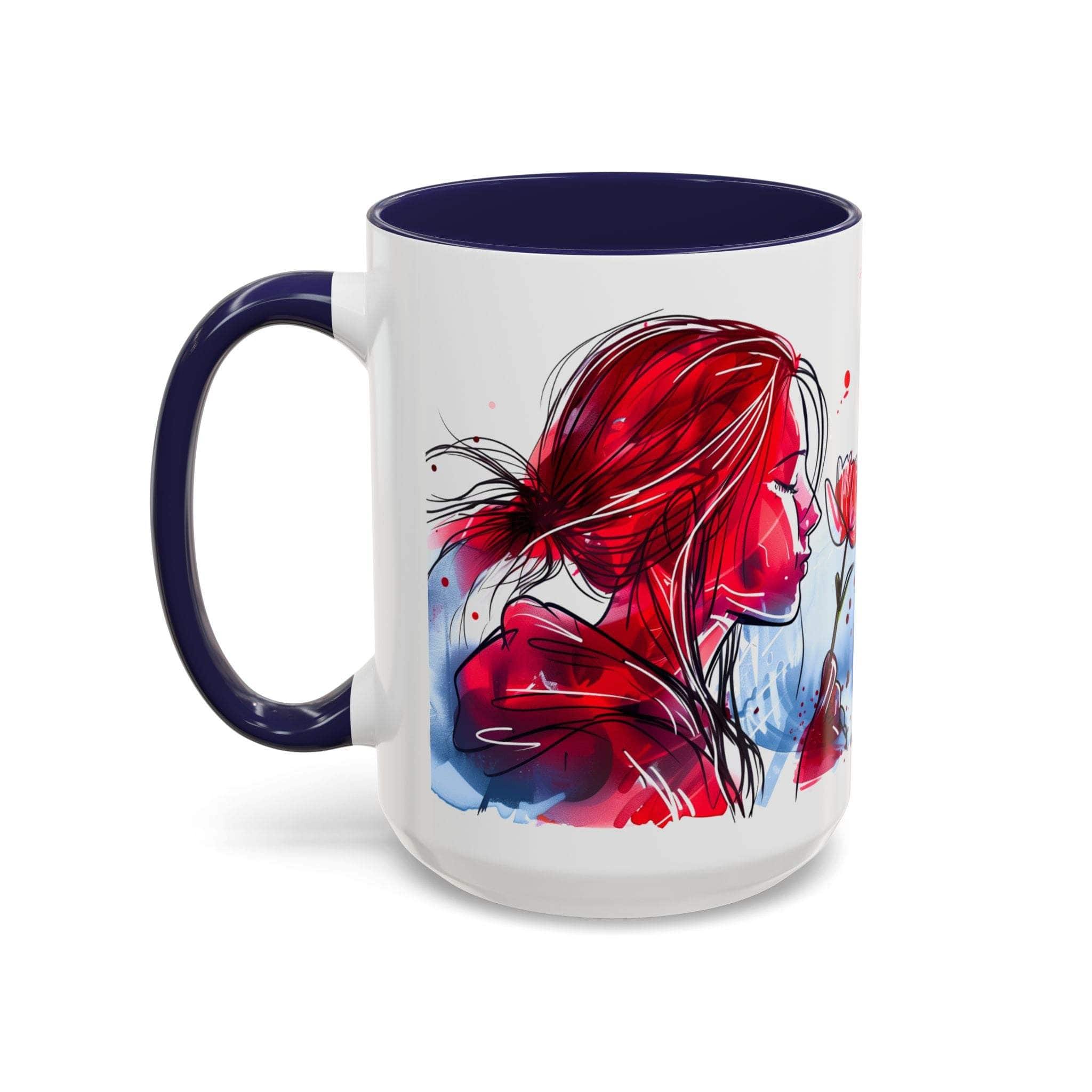 Valentines Floral Love Accent Coffee Mug with romantic heart and floral design, white ceramic with navy handle and interior, microwave and dishwasher safe