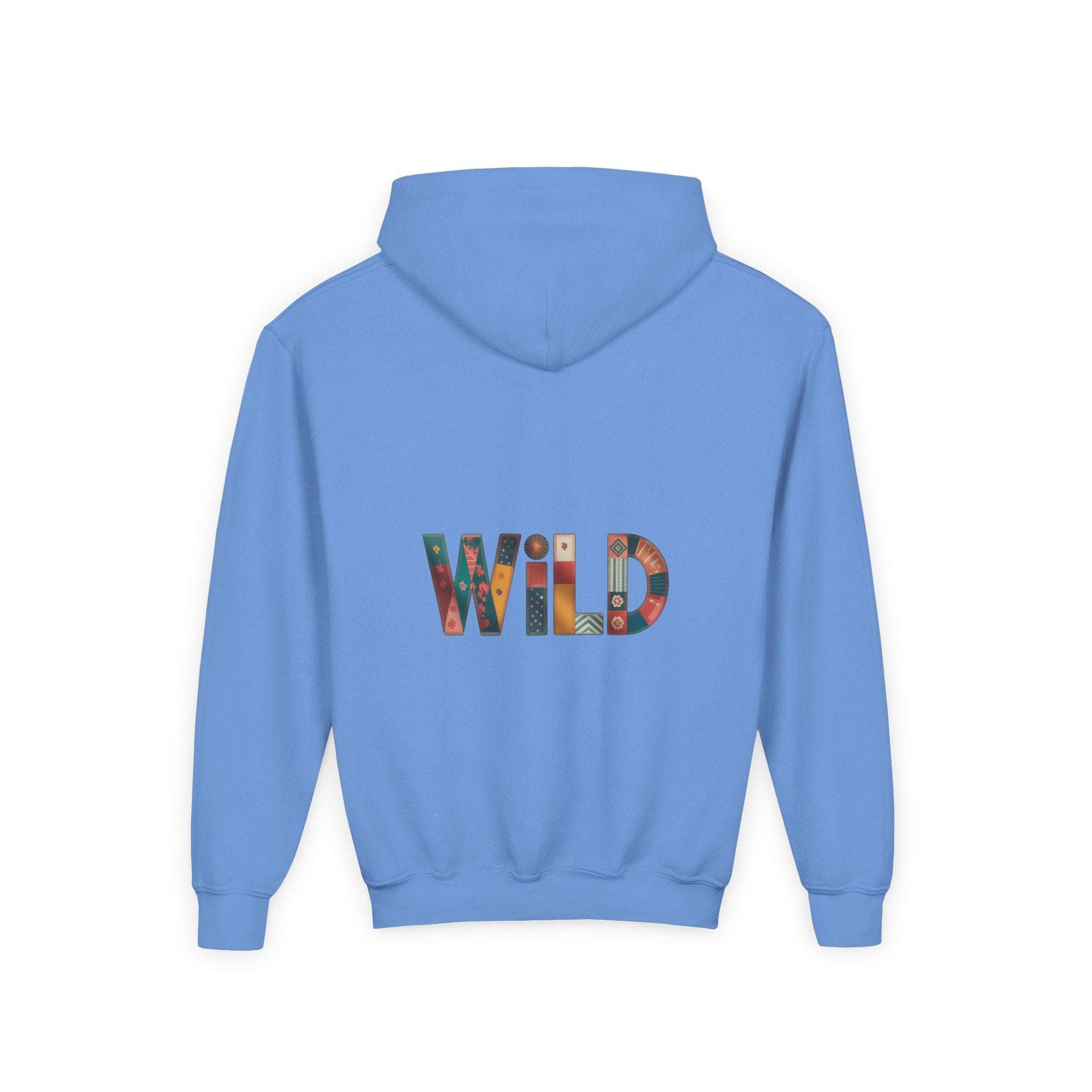 Blue Patchwork Wild Word Hoodie with colorful embroidered "WILD" text on back and kangaroo pocket
