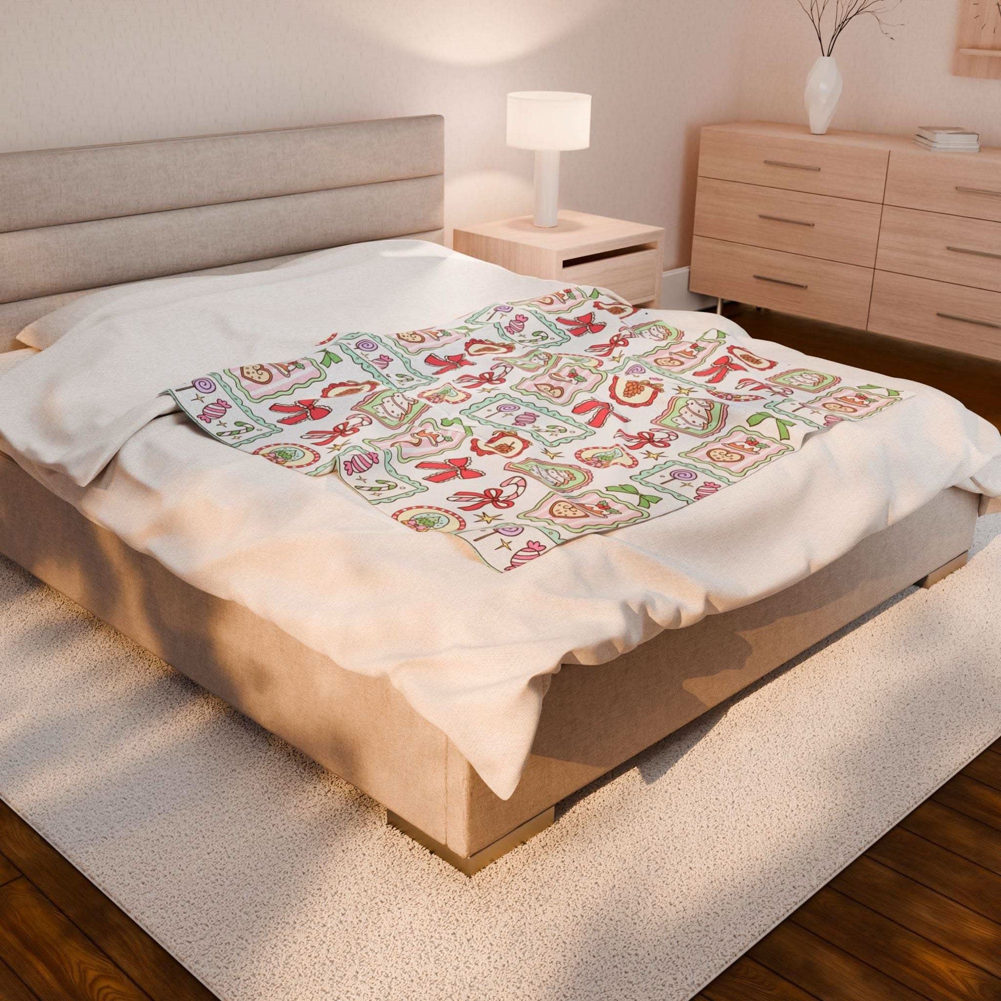 Velveteen Plush Blanket with retro Christmas frame design on bed in cozy bedroom setting