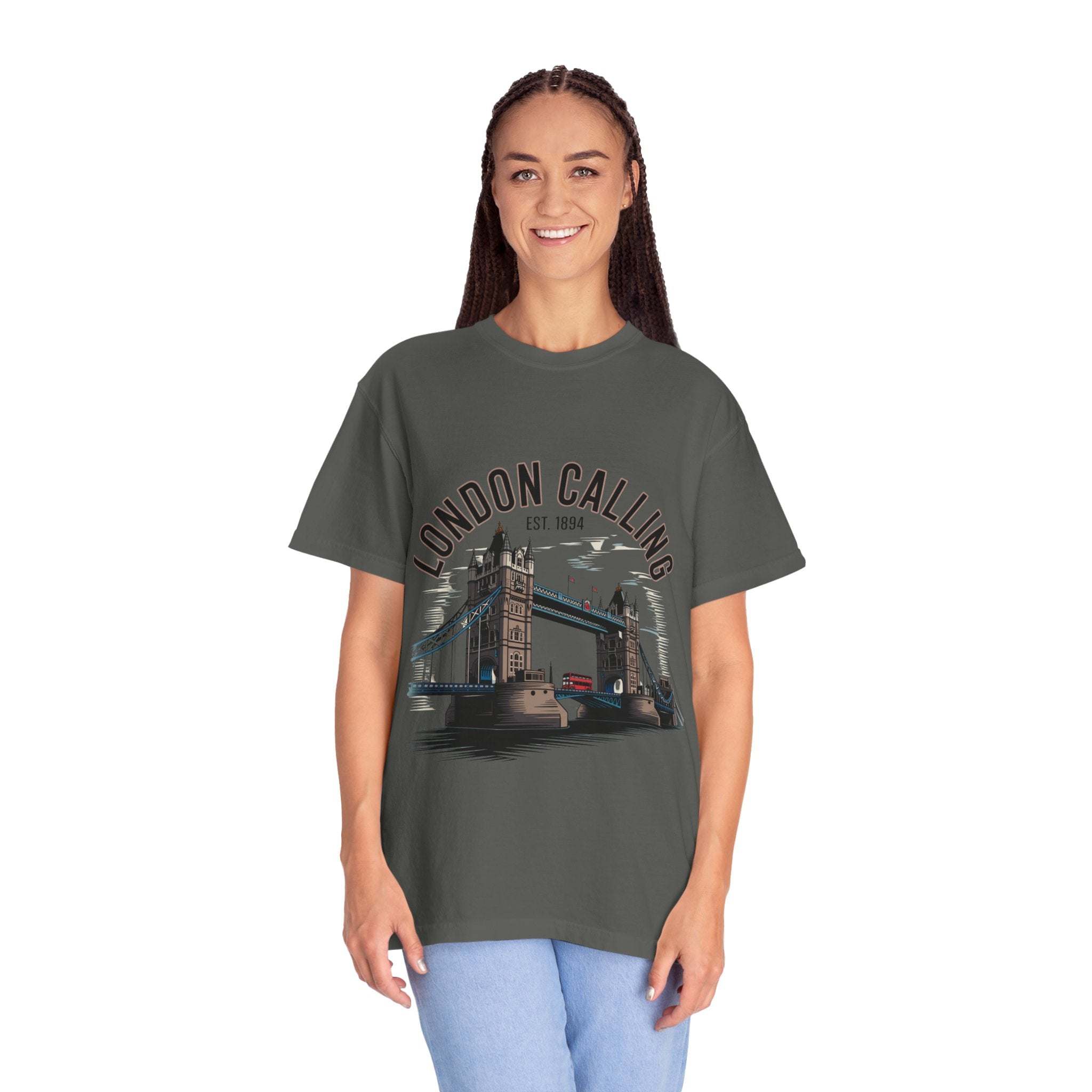 Unisex London Calling Travel T-shirt with Tower Bridge graphic on garment-dyed cotton fabric