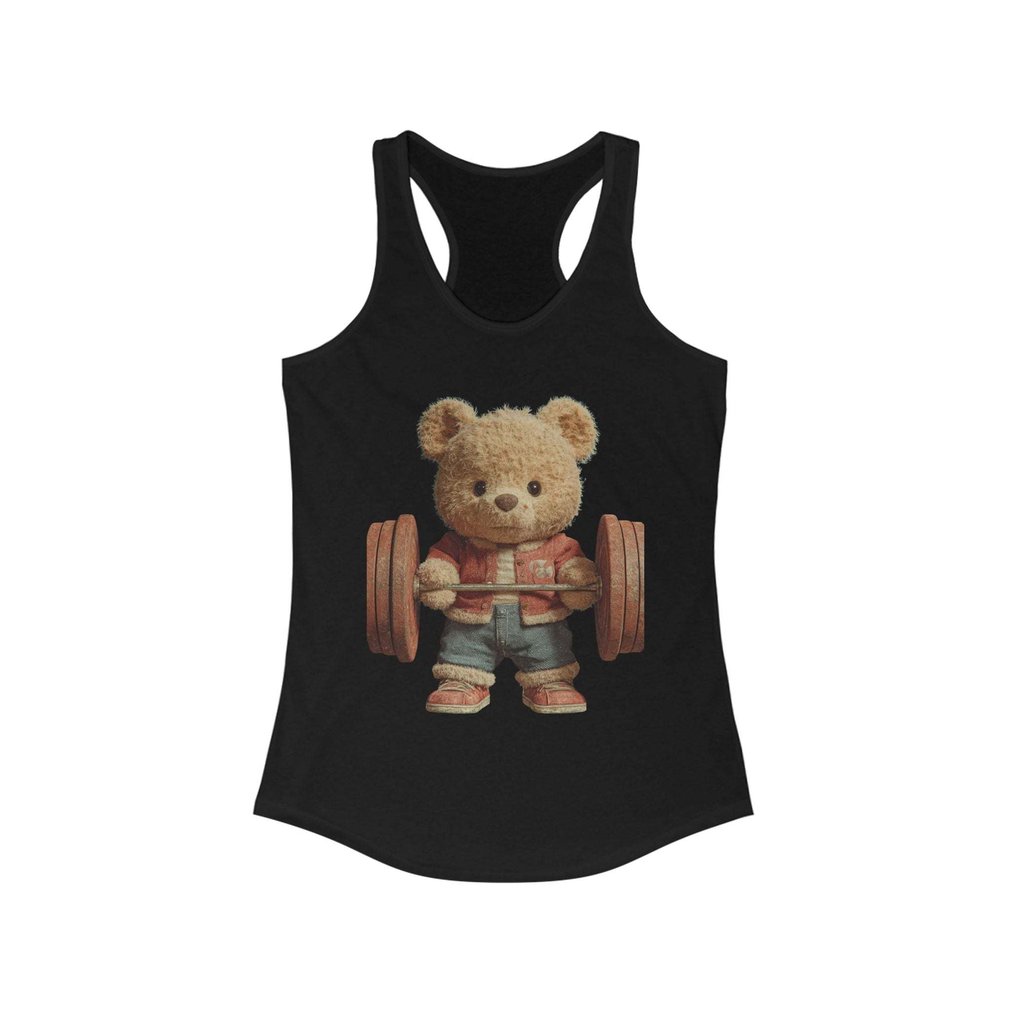 Black women's tank top with cute weightlifting teddy bear design and sporty scooped neckline