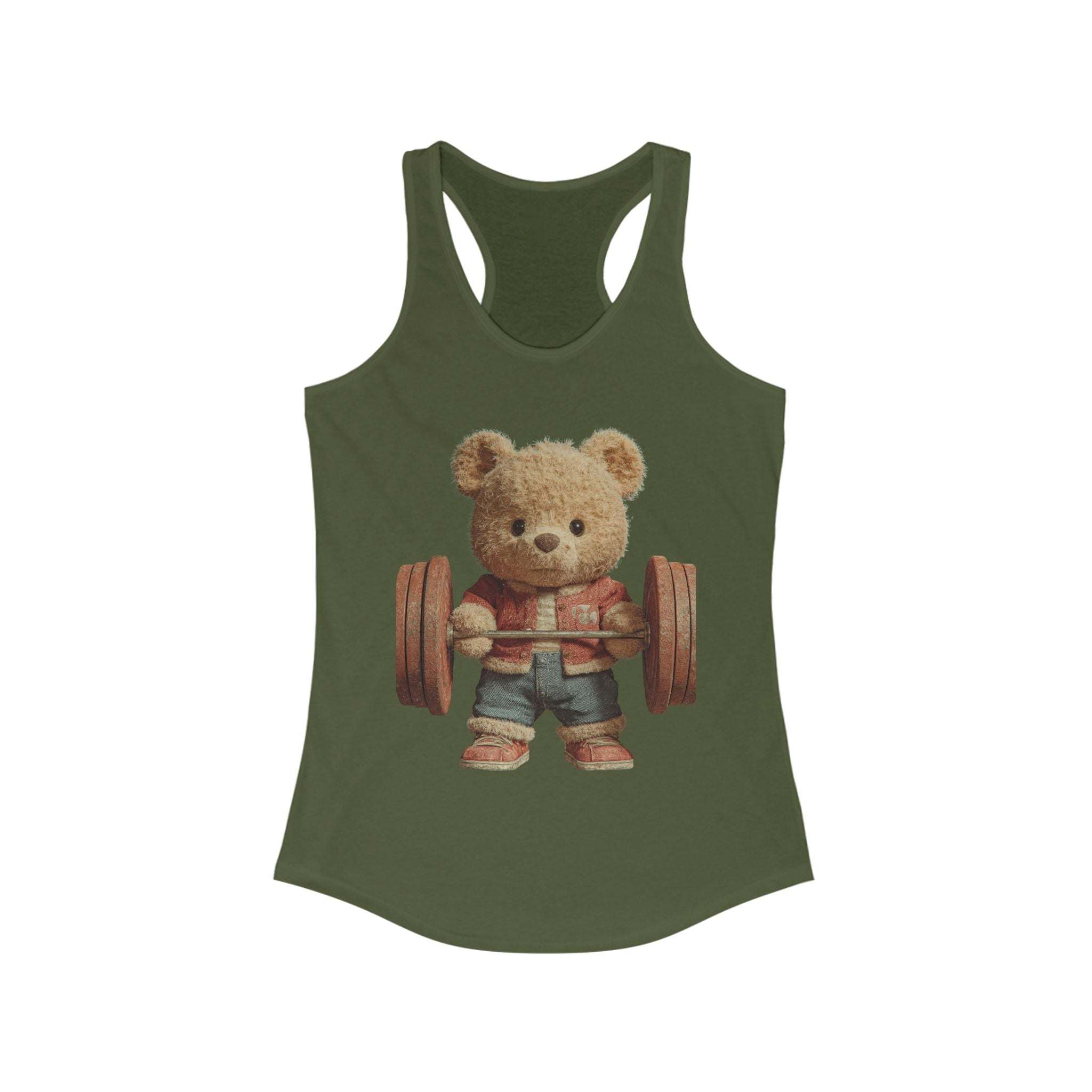 Solid black women's tank top featuring a cute weightlifting teddy bear design by Printify