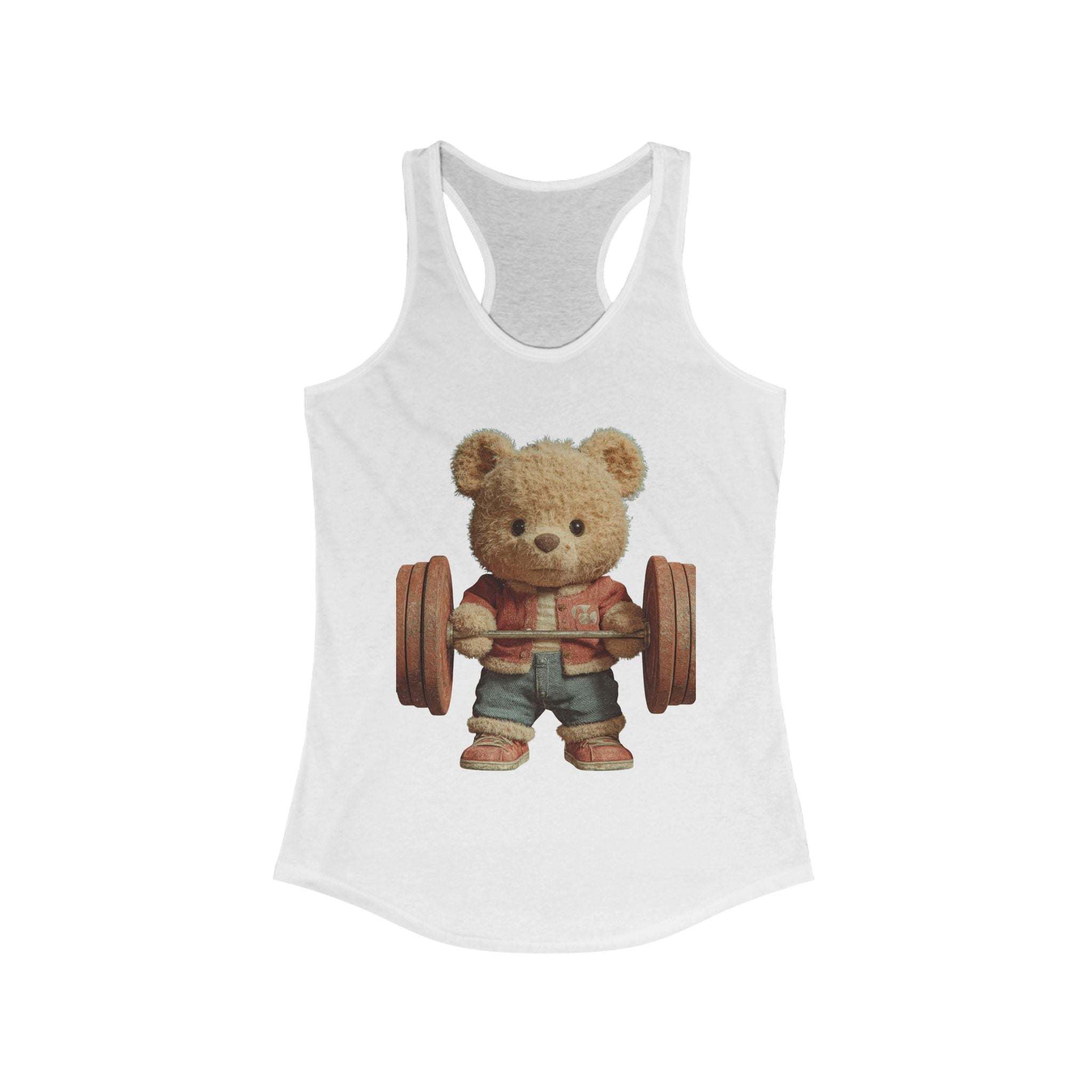 Solid black women's tank top featuring a cute weightlifting teddy bear design by Printify.