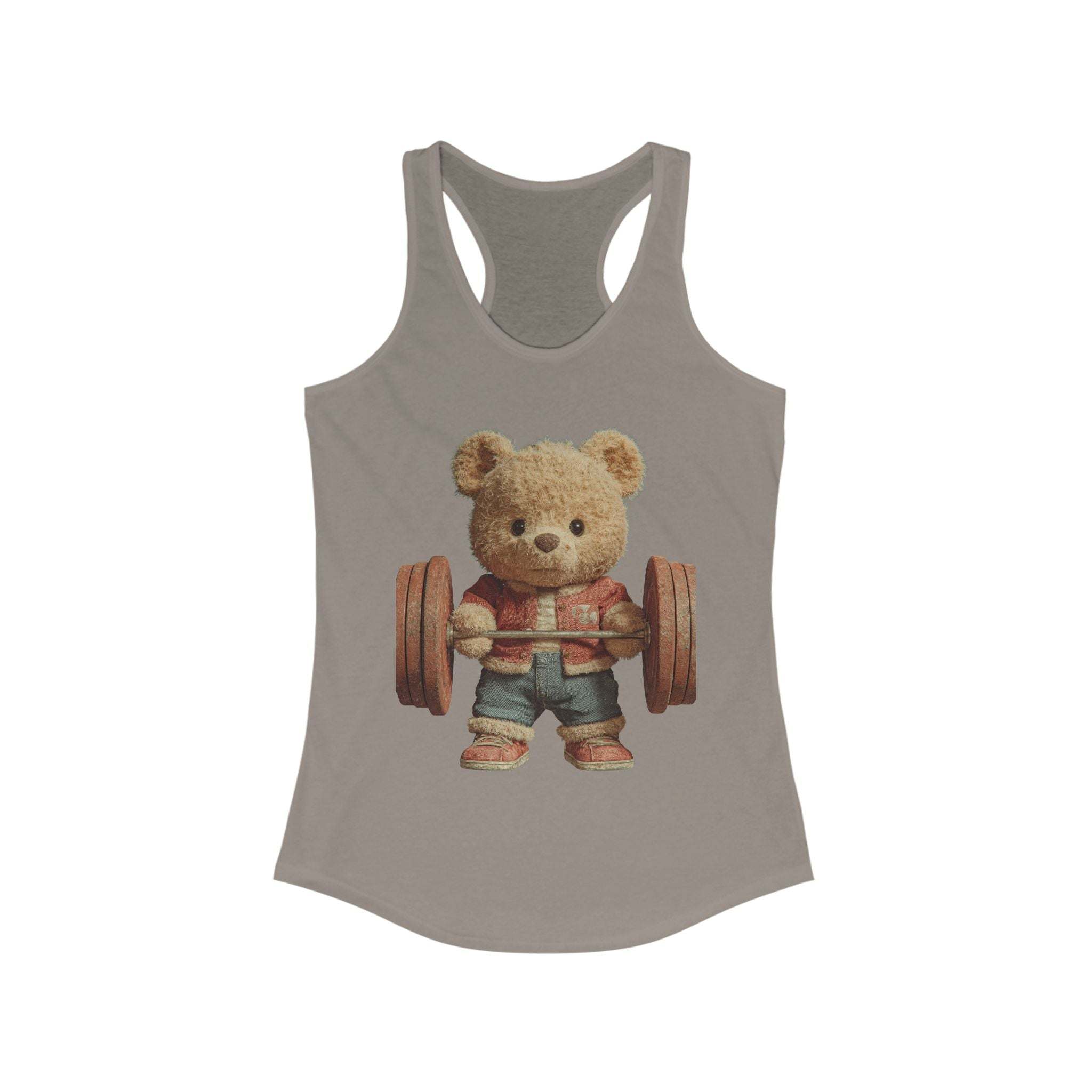 Solid black women's tank top featuring a cute weightlifting teddy bear design by Printify