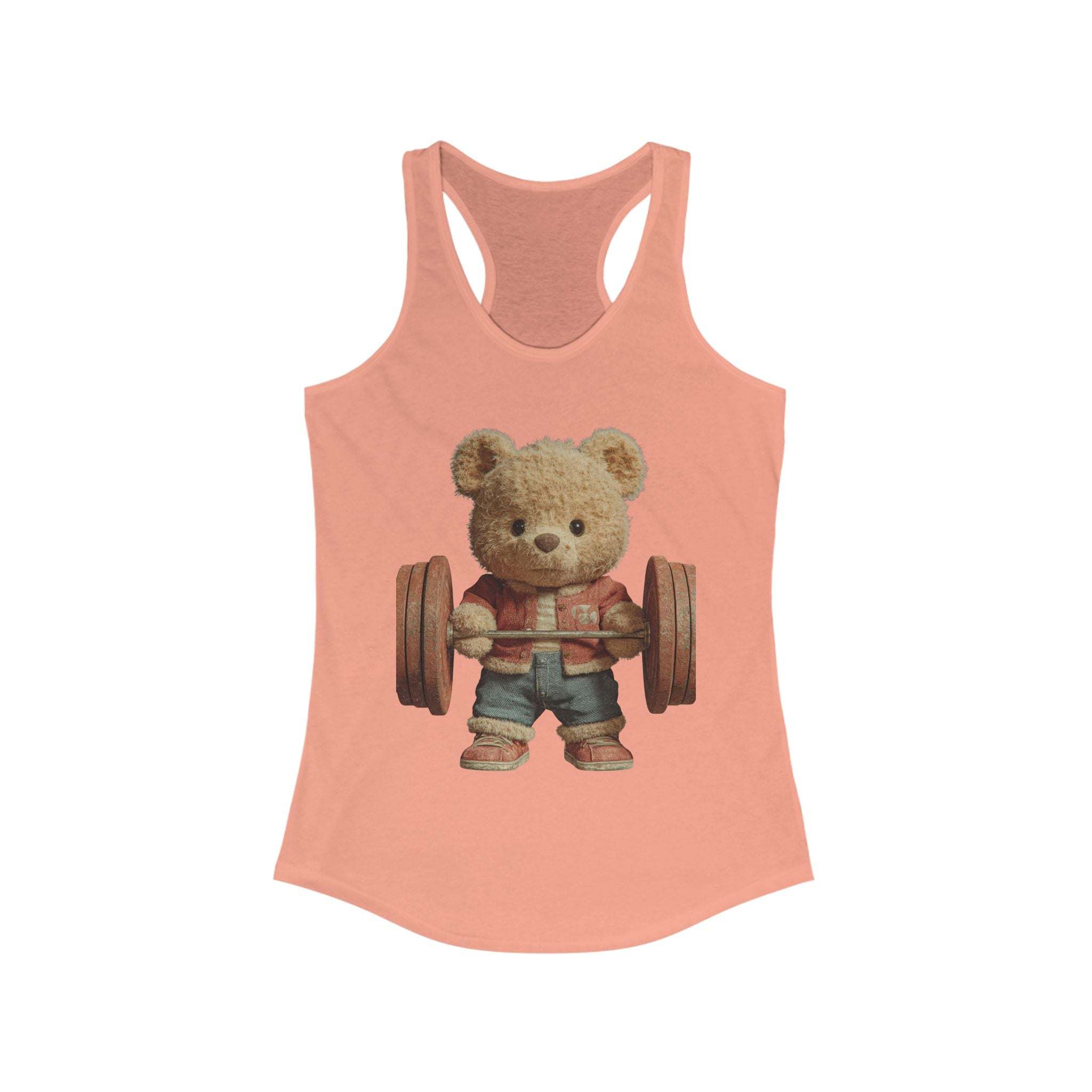 Cute weightlifting teddy bear design on solid black women's tank top by Printify