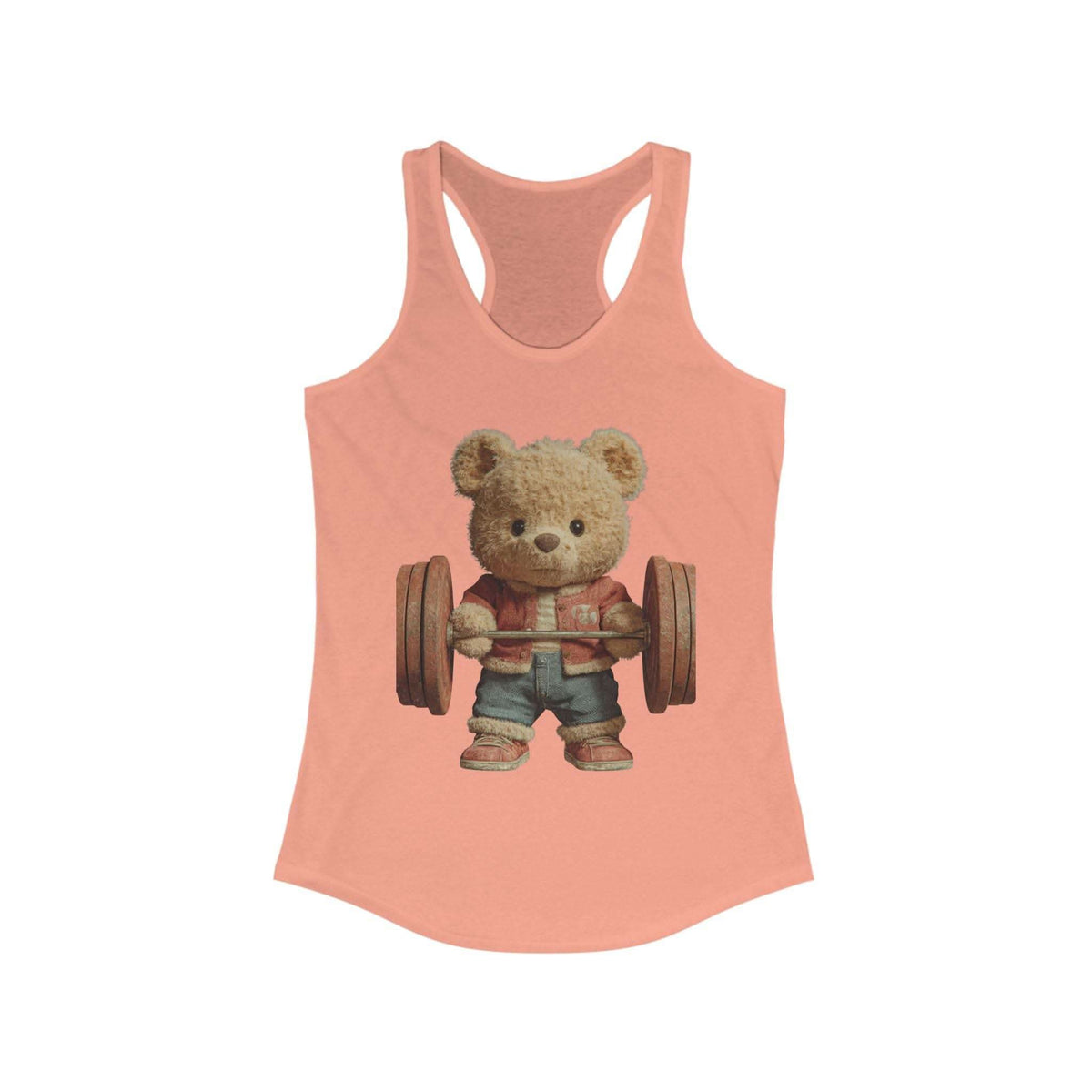 Cute weightlifting teddy bear design on solid black womens tank top by Printify