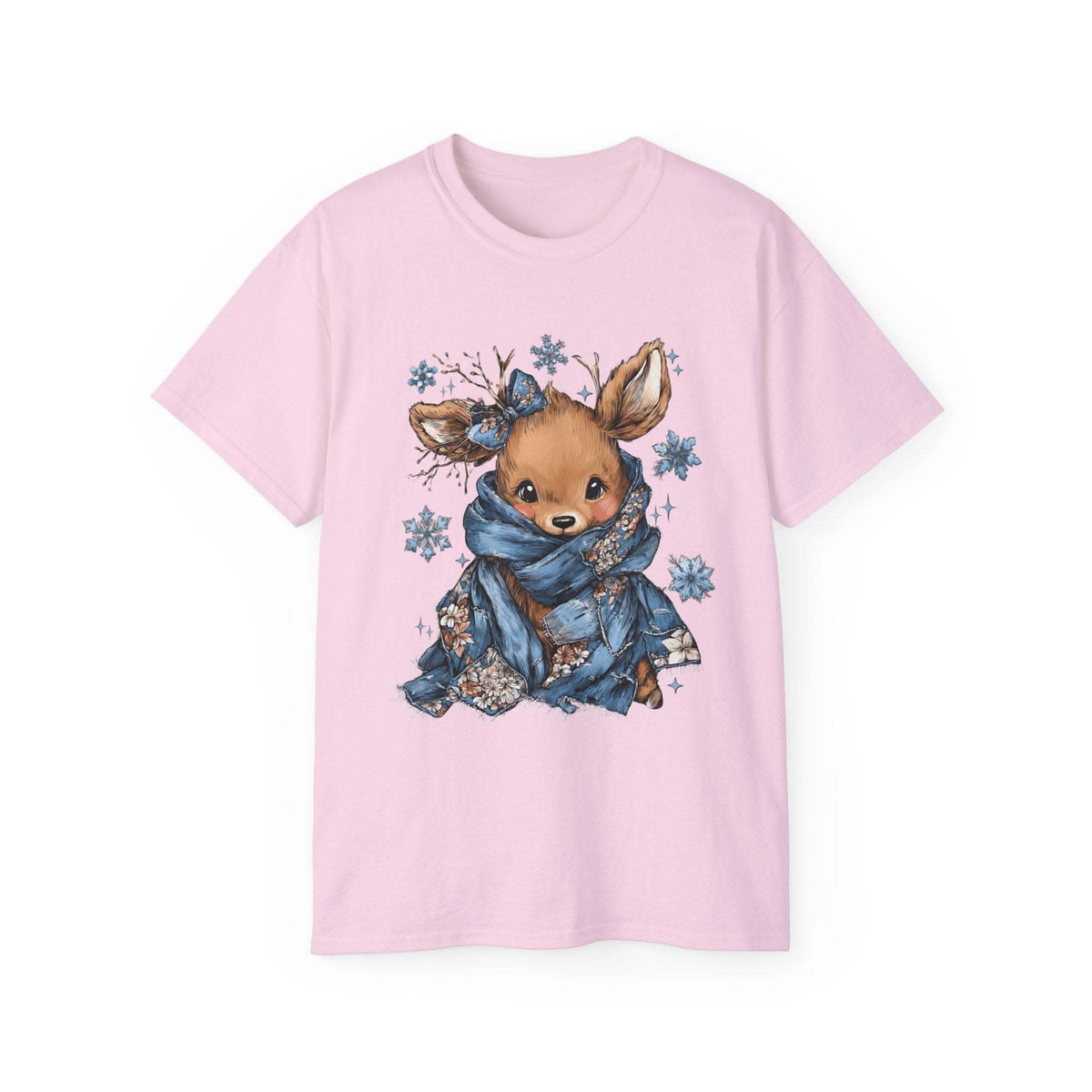 White t-shirt with retro patchwork reindeer design wearing blue scarf and surrounded by snowflakes