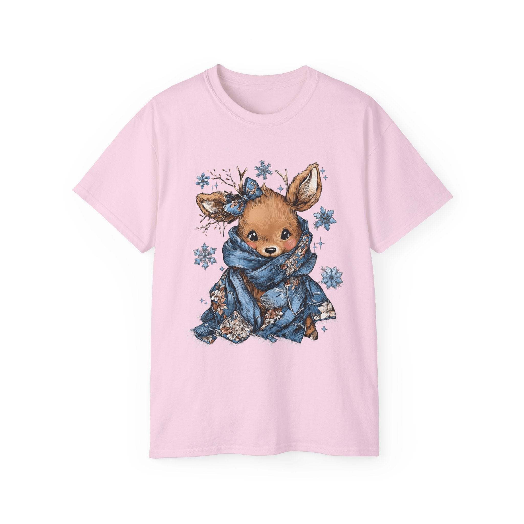 White t-shirt with retro patchwork reindeer design wearing blue scarf and surrounded by snowflakes