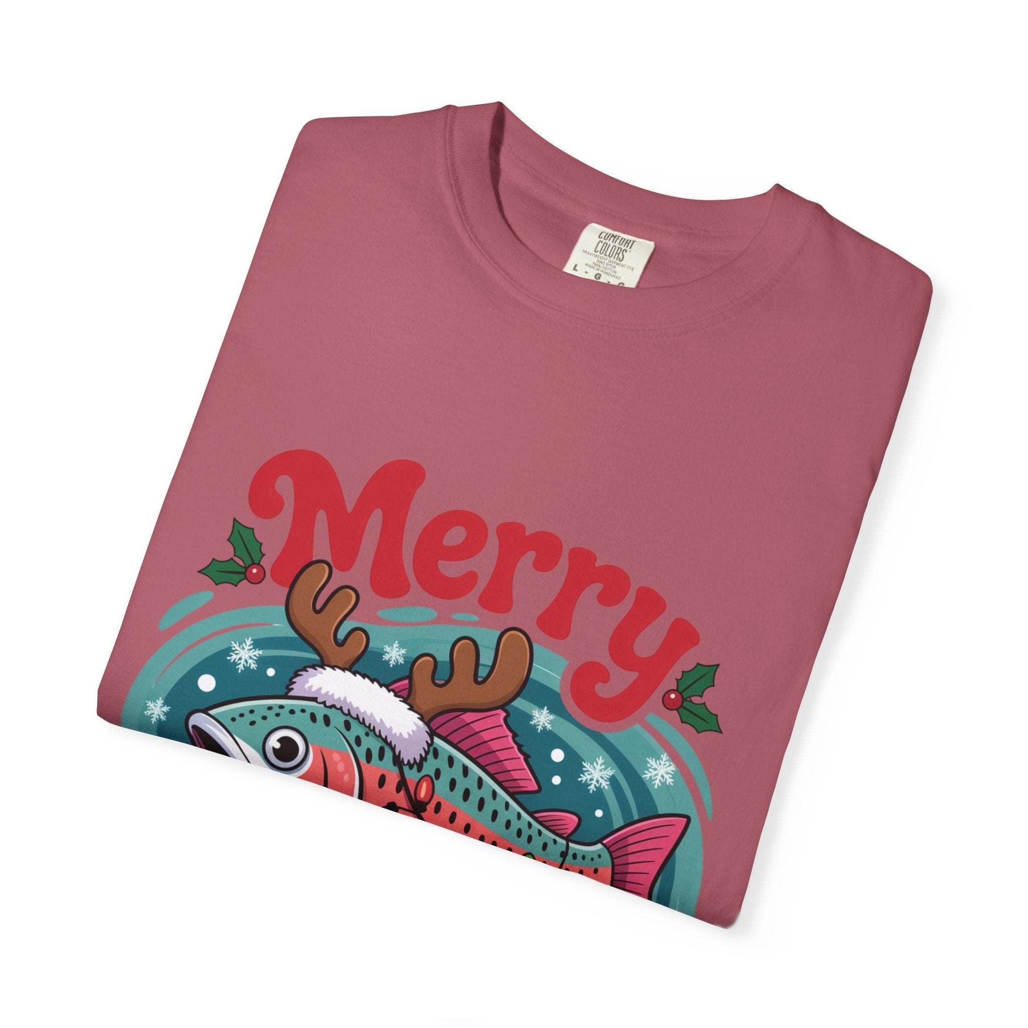 True Navy garment-dyed t-shirt featuring Merry Fishmas design for fishermen, by Printify