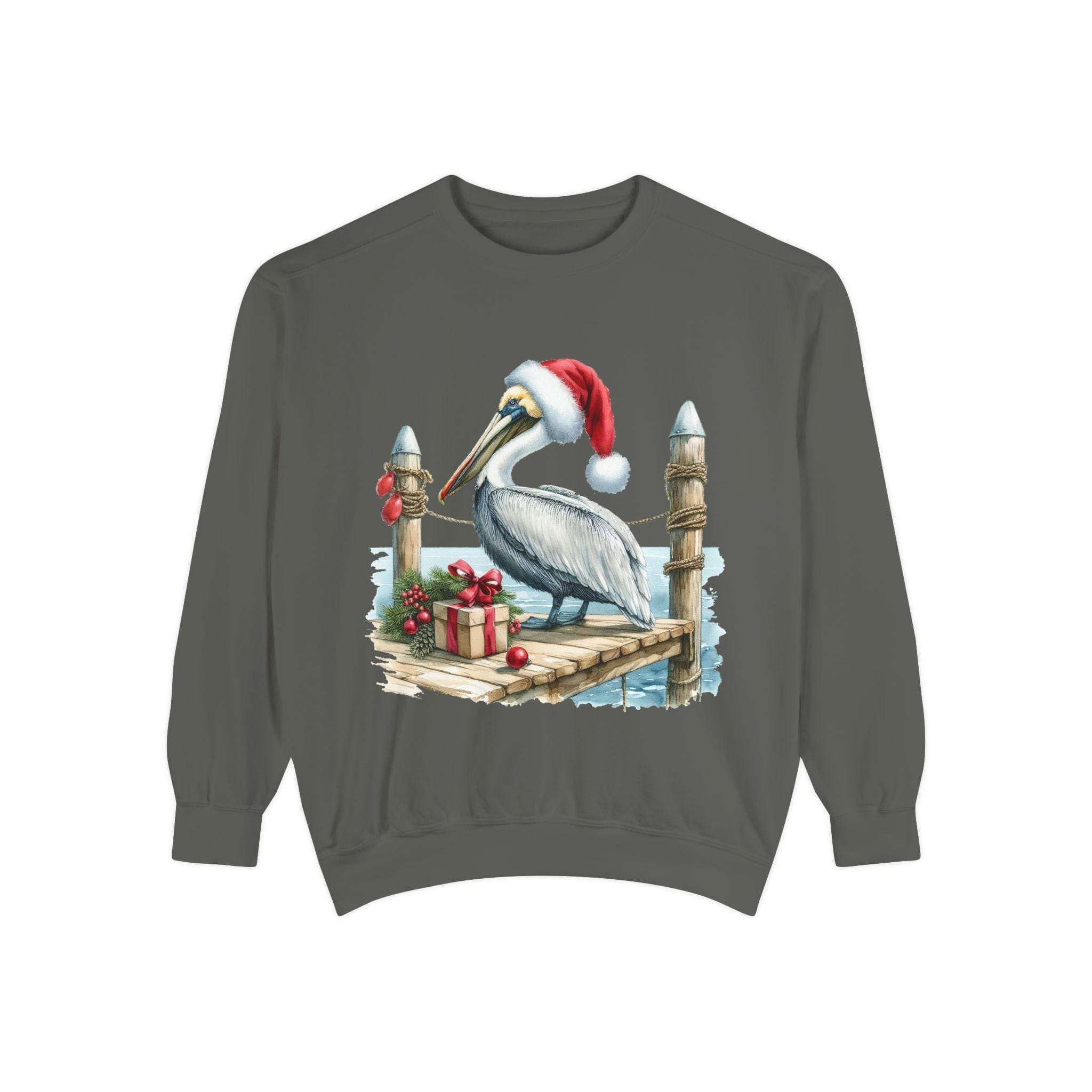 Cozy True Navy Christmas Pelican Santa sweatshirt for animal and beach lovers by Printify