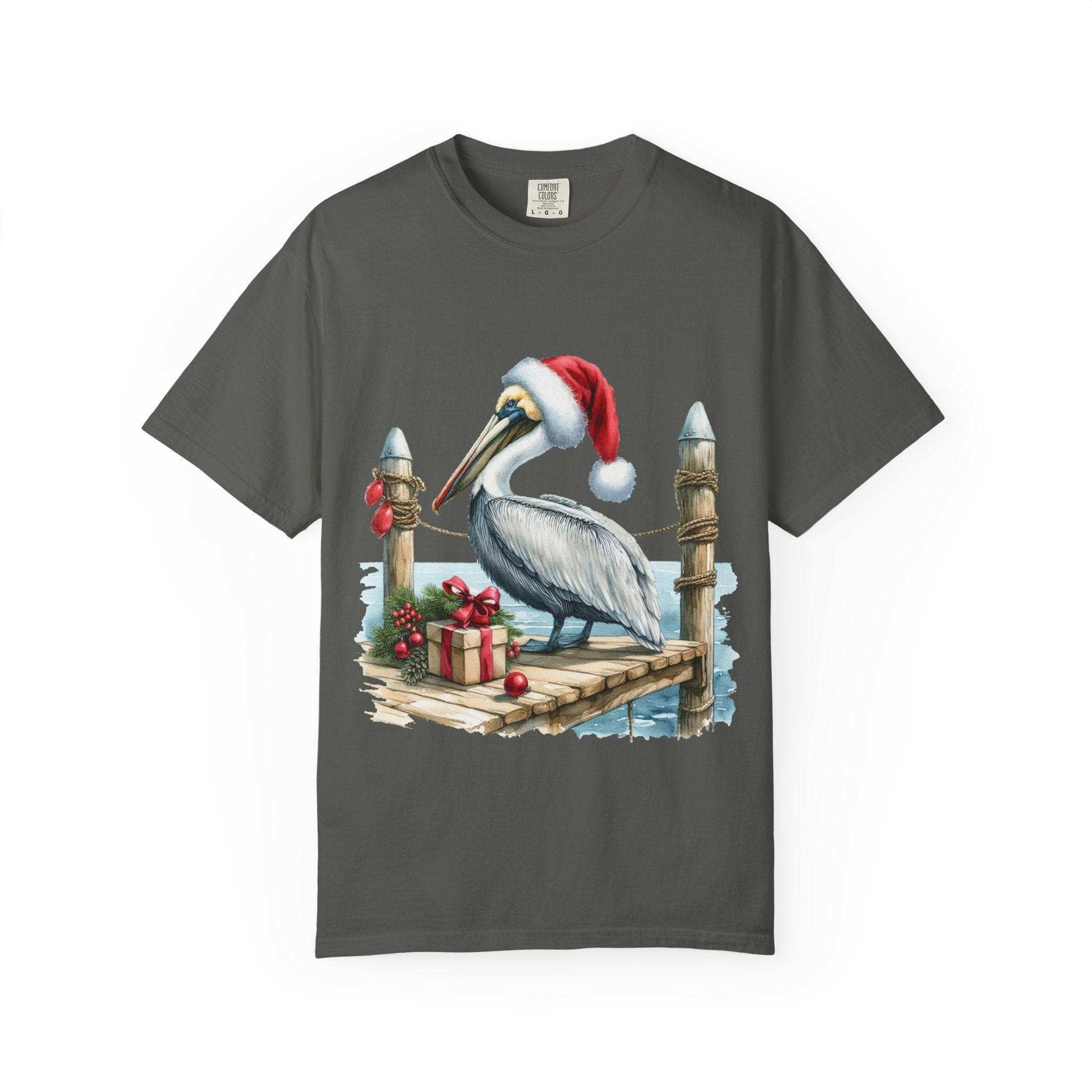 True Navy Christmas Pelican Santa T-shirt by Printify with cheerful pelican graphic for casual beachwear.