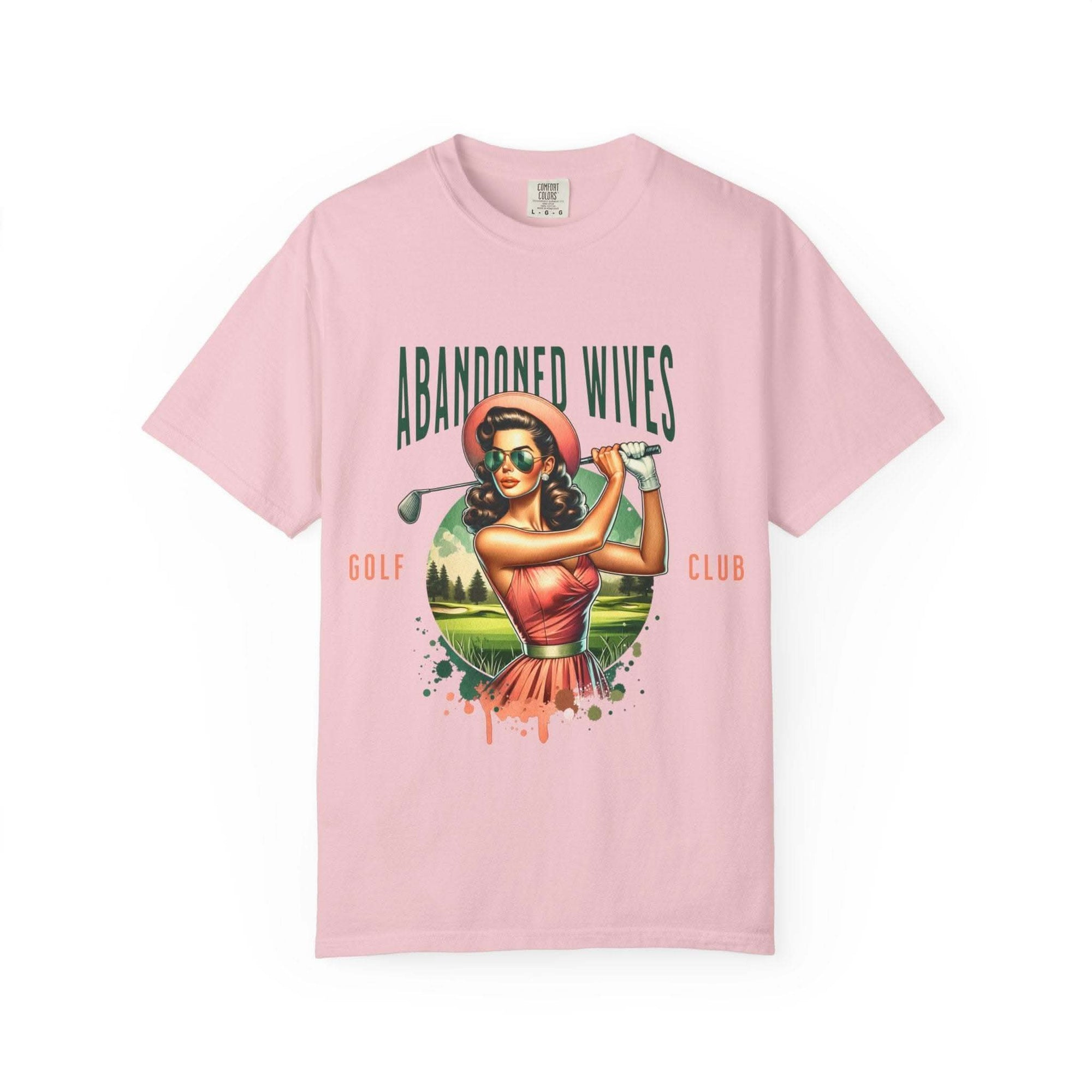 Vintage unisex t-shirt with Abandoned Wives Golf Club retro design on pink cotton fabric