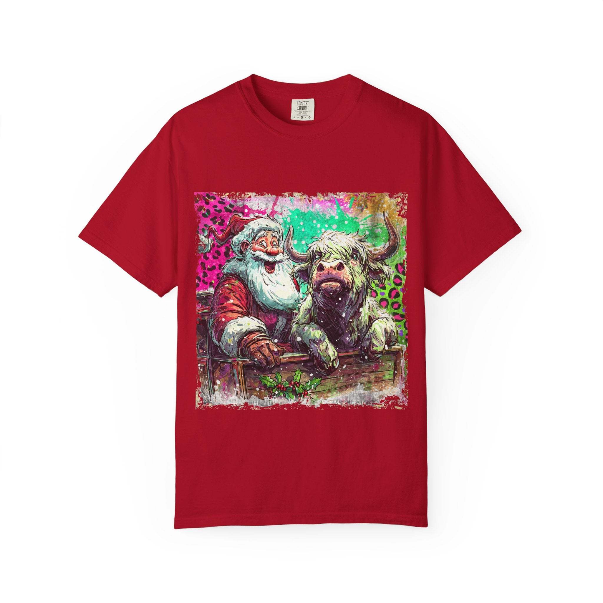 Retro Santa and Highland Cow graphic on a black t-shirt by Printify, perfect for festive holiday wear.